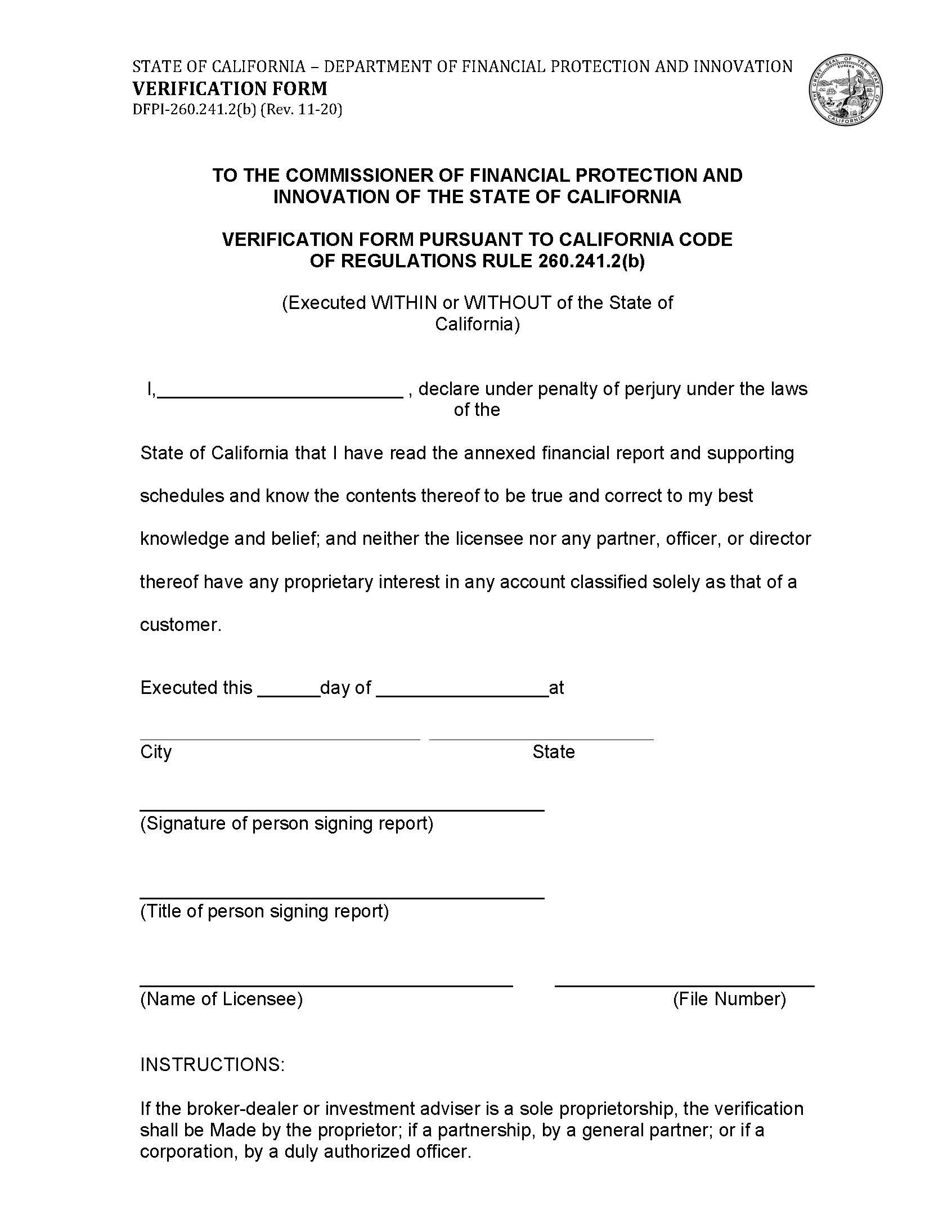 Verification Form {DFPI-260.241.2(b)} | Pdf Fpdf Docx | California