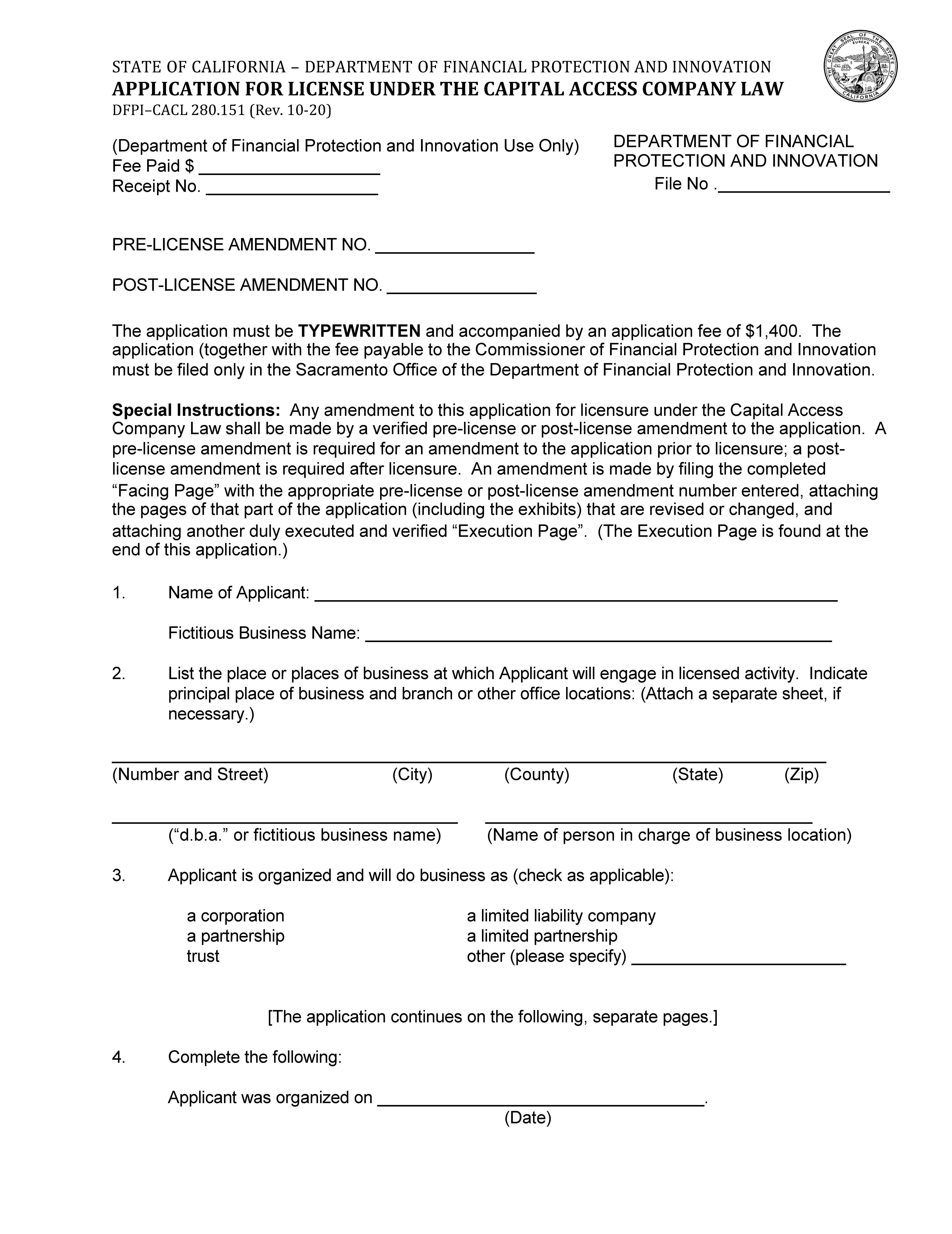 Application For A License Under The Capital Access Company Law {DFPI-CACL-280.151} | Pdf Fpdf Docx | California