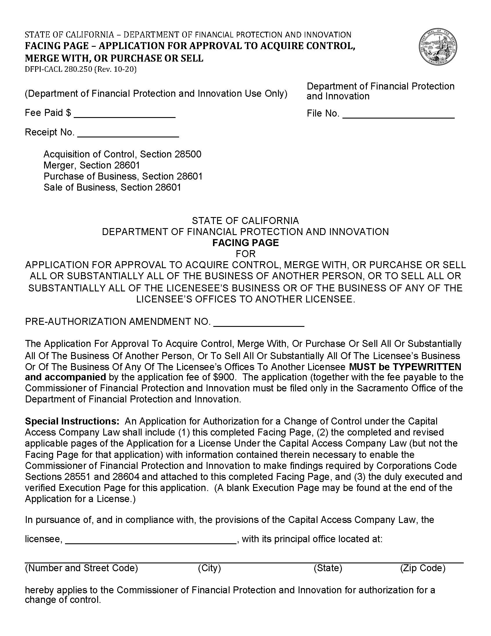 Application For Approval To Acquire Control {DFPI-CACL-280.250} | Pdf Fpdf Docx | California