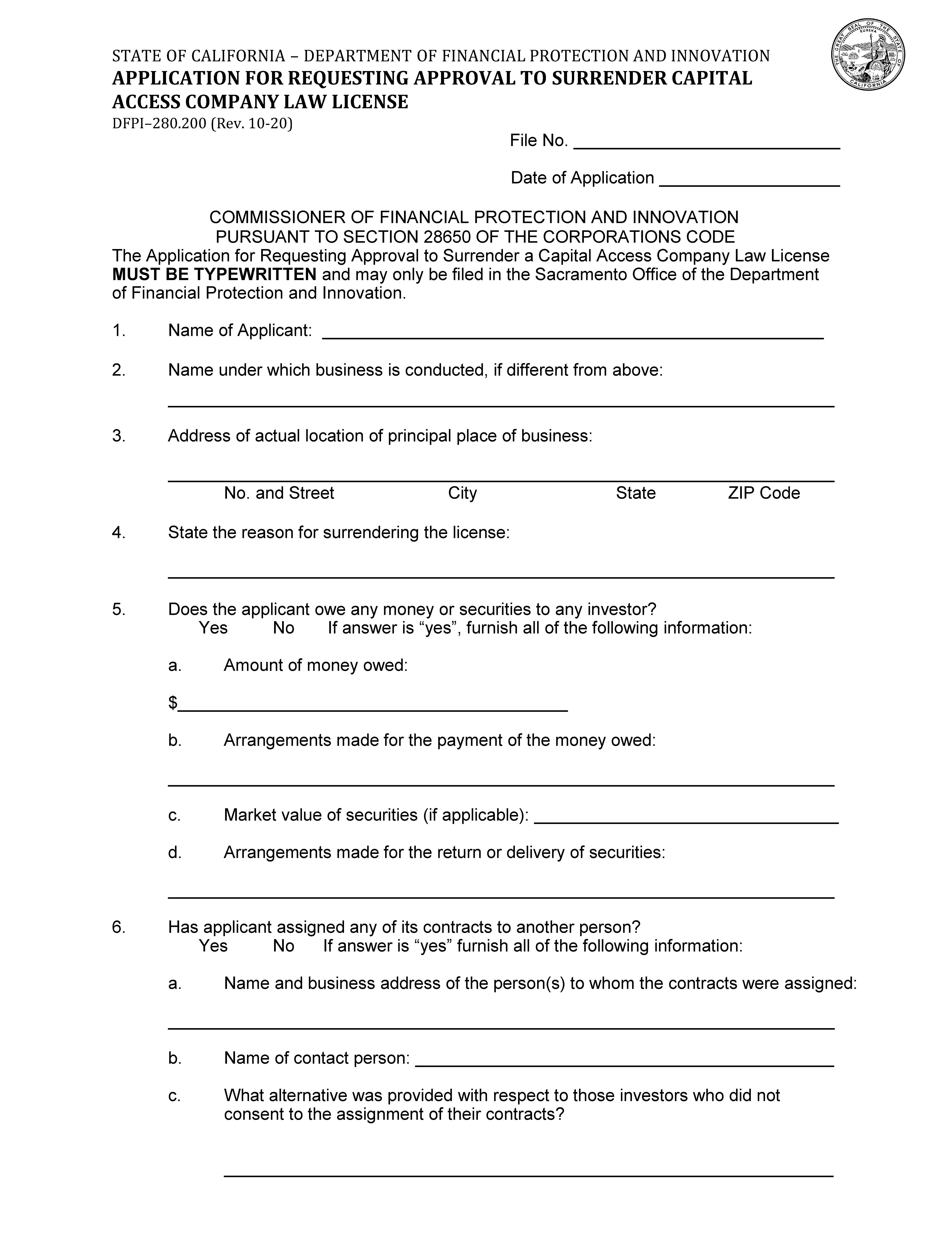 Application For Requesting Approval To Surrender Capital Access Company Law License {DFPI-CACL-280.200} | Pdf Fpdf Docx | California