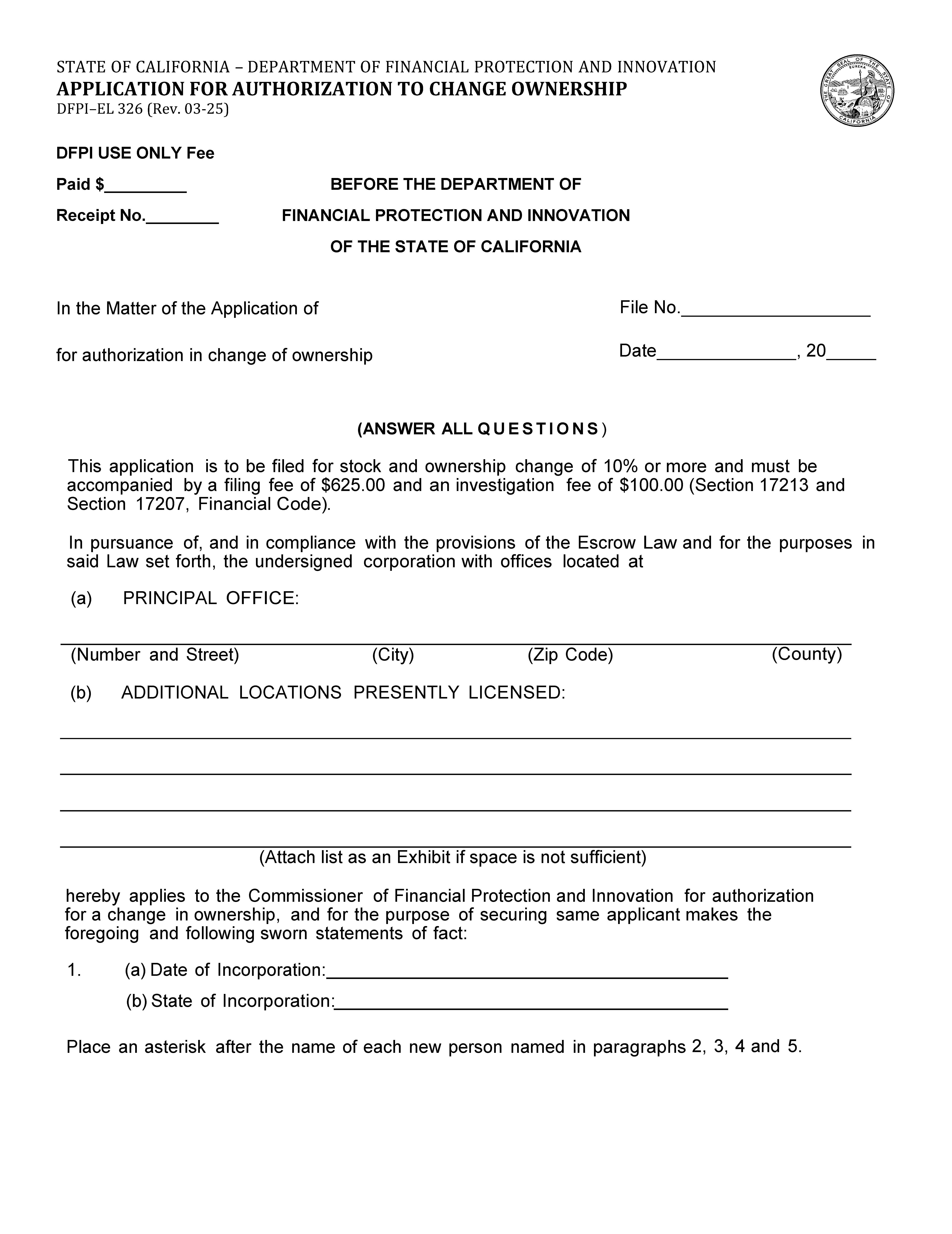 Application For Authorization To Change Ownership {DFPI-EL 326} | Pdf Fpdf Docx | California