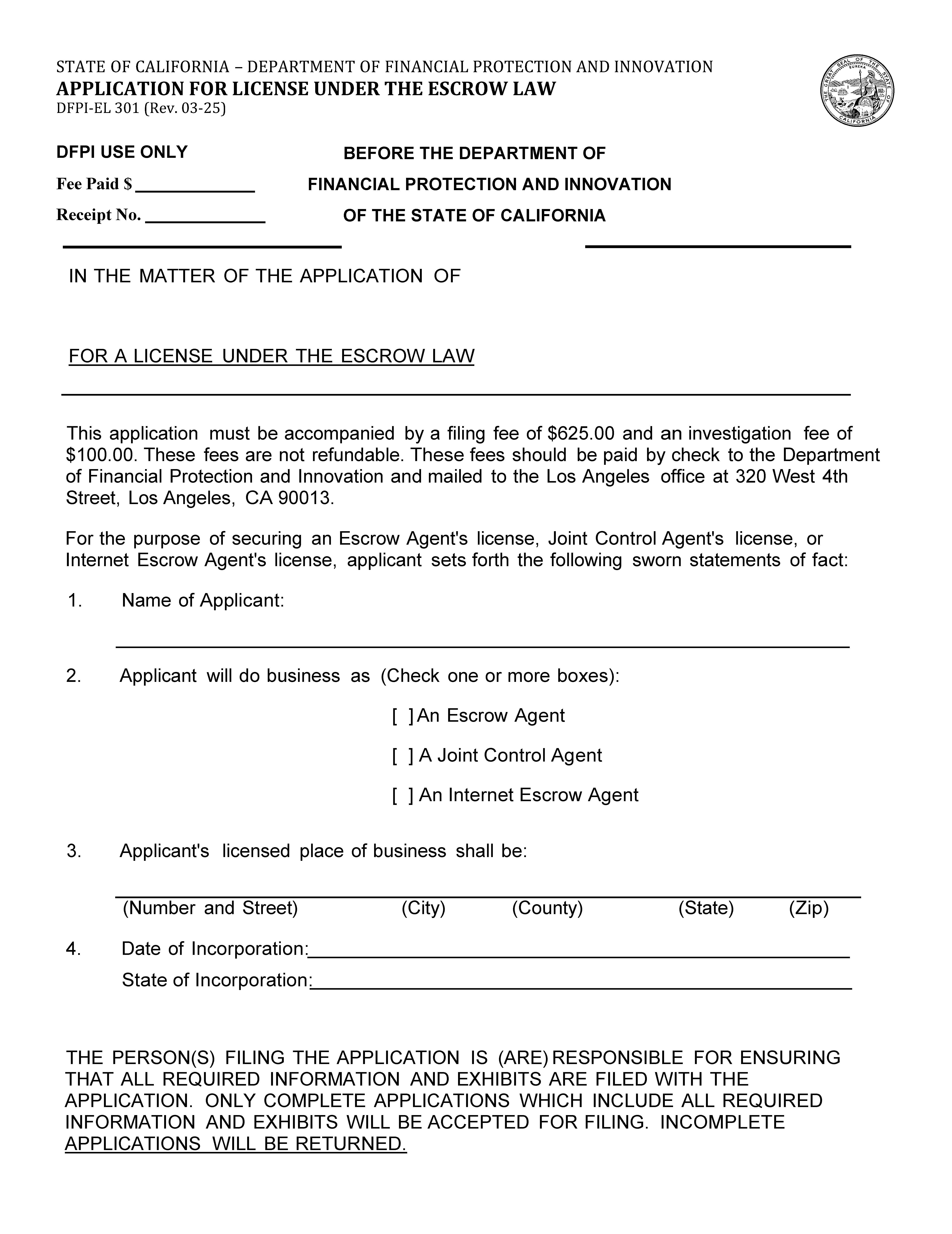 Application For License Under The Escrow Law {DFPI-EL 301} | Pdf Fpdf Docx | California