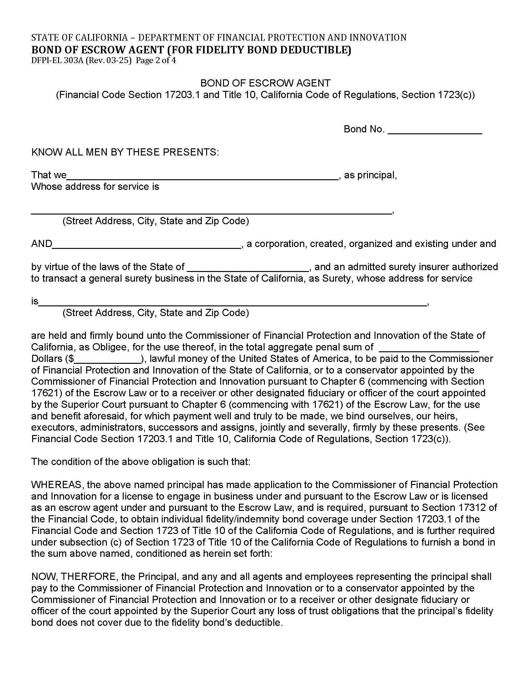 Bond Of Escrow Licensee (For Fidelity Bond Deductible) {DFPI-EL 303A} | Pdf Fpdf Docx | California