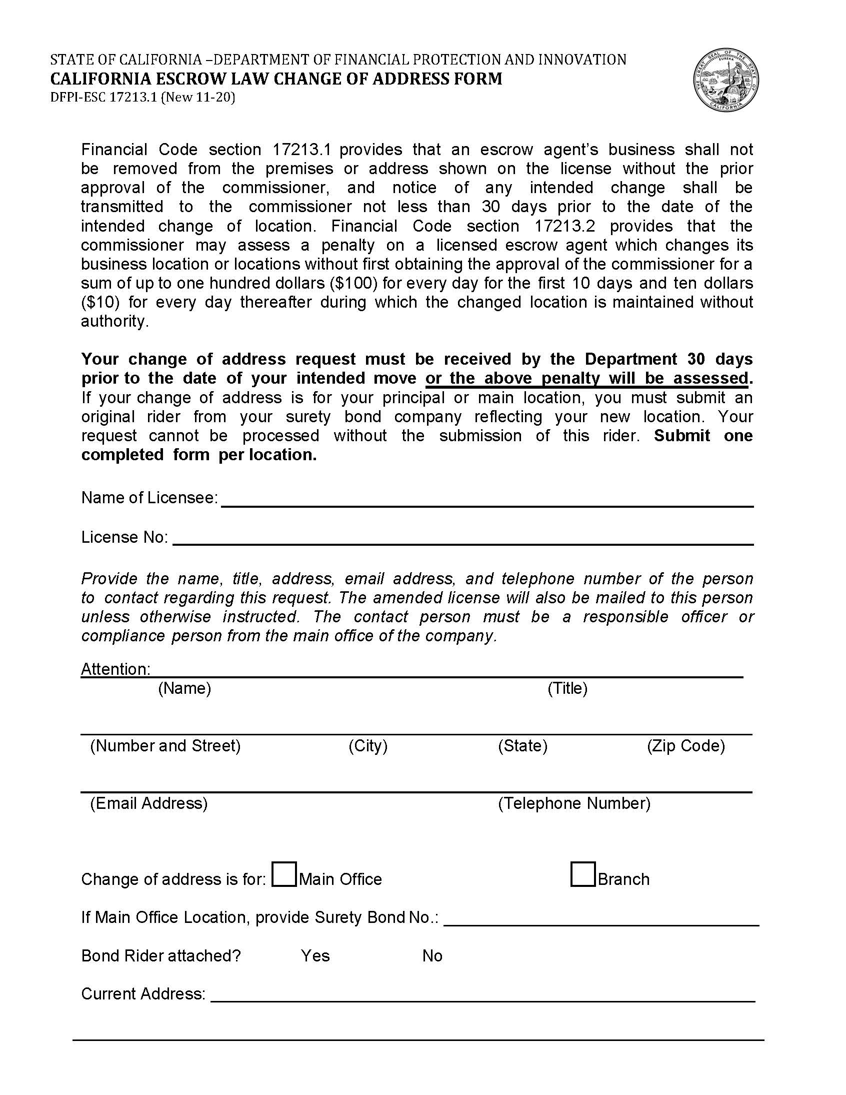 California Escrow Law Change Of Address Form {DFPI-ESC 17213.1} | Pdf Fpdf Docx | California