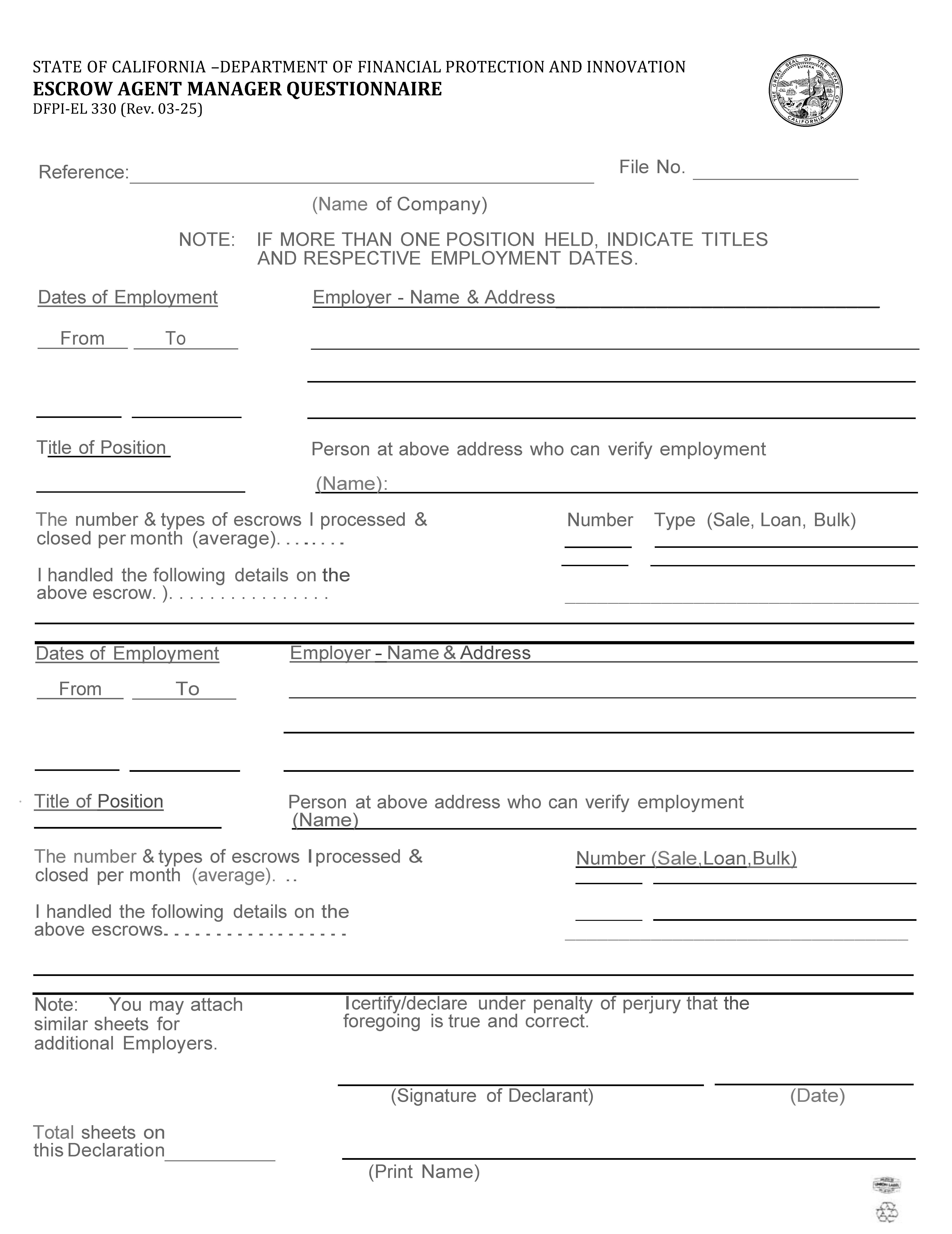 Escrow Agent Manager Questionnaire {DFPI-EL 330} | Pdf Fpdf Docx | California