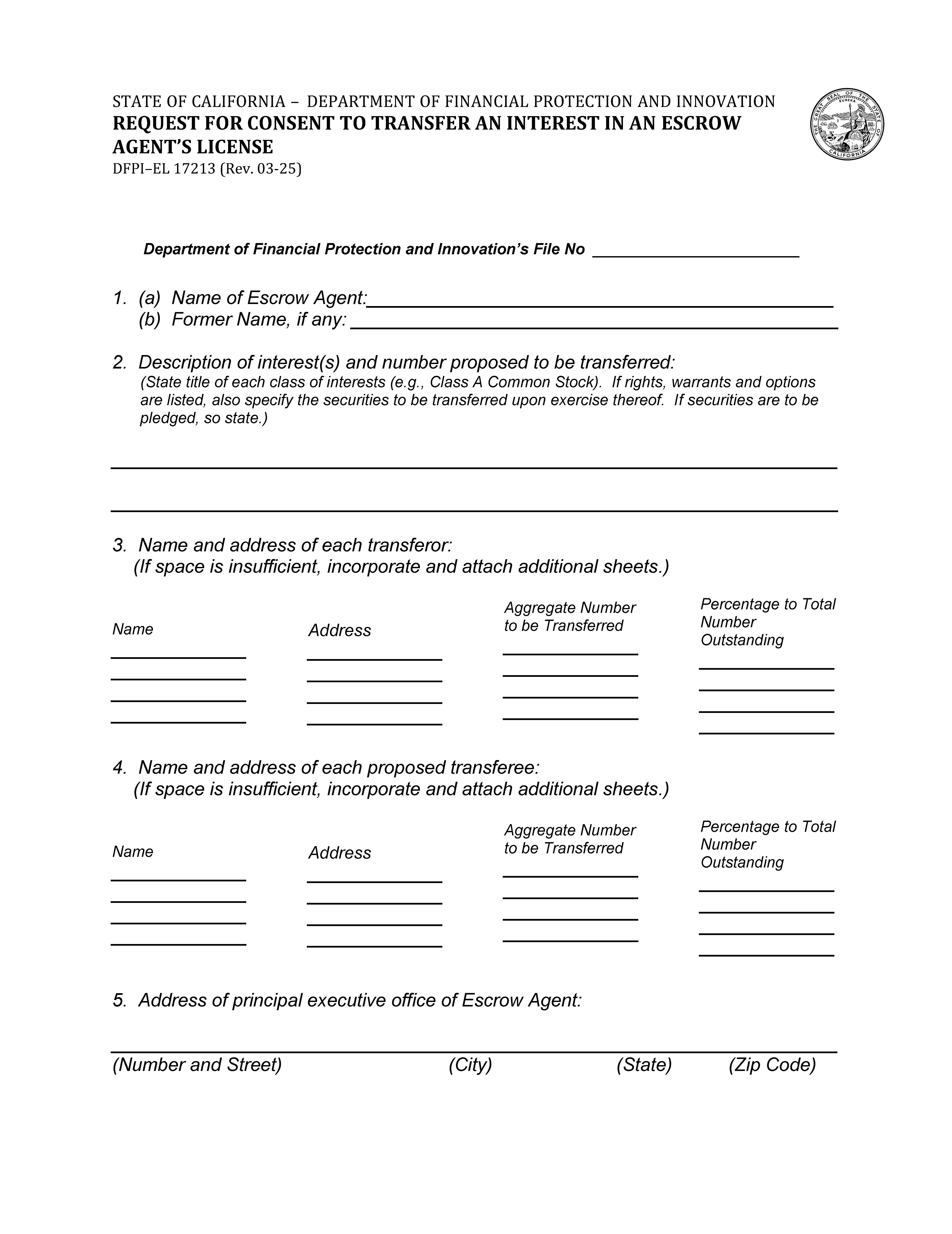 Request For Consent To Transfer An Interest In An Escrow Agents License {DFPI-EL 17213} | Pdf Fpdf Docx | California