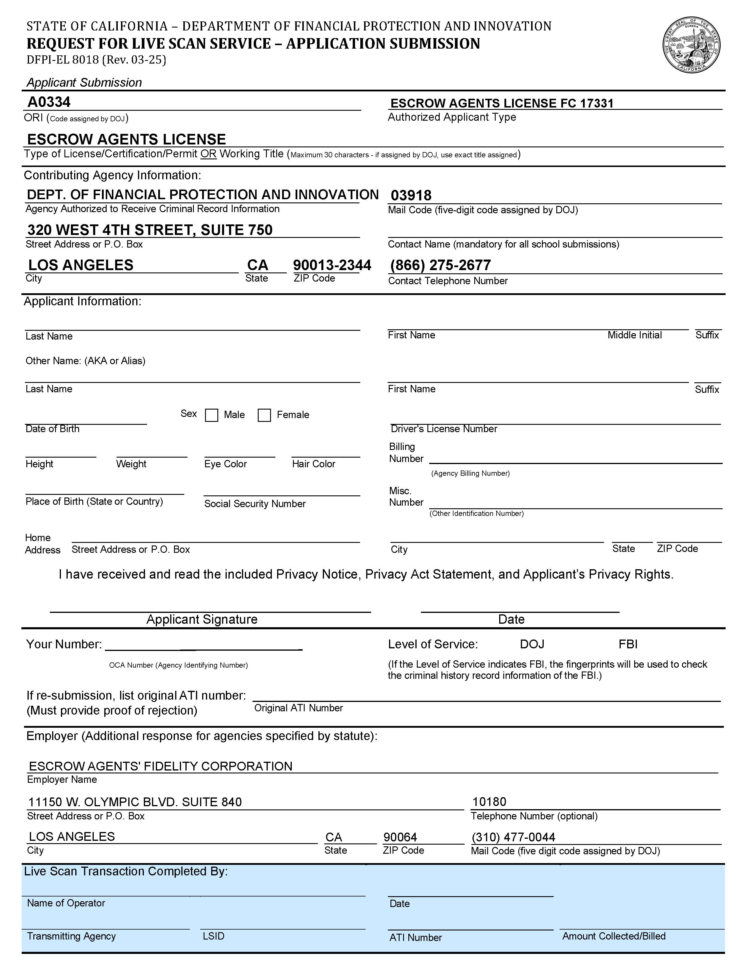 Request For Live Scan Service-Applicant Submission {DFPI-EL 8018} | Pdf Fpdf Docx | California