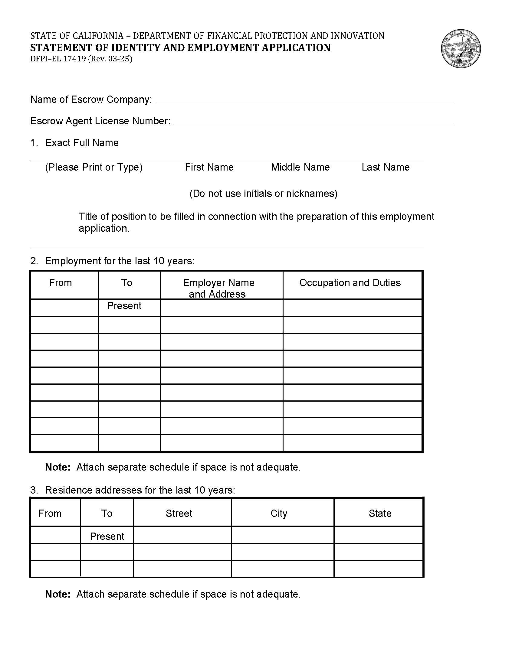 Statement Of Identity And Employment Application {DFPI-EL 17419} | Pdf Fpdf Docx | California