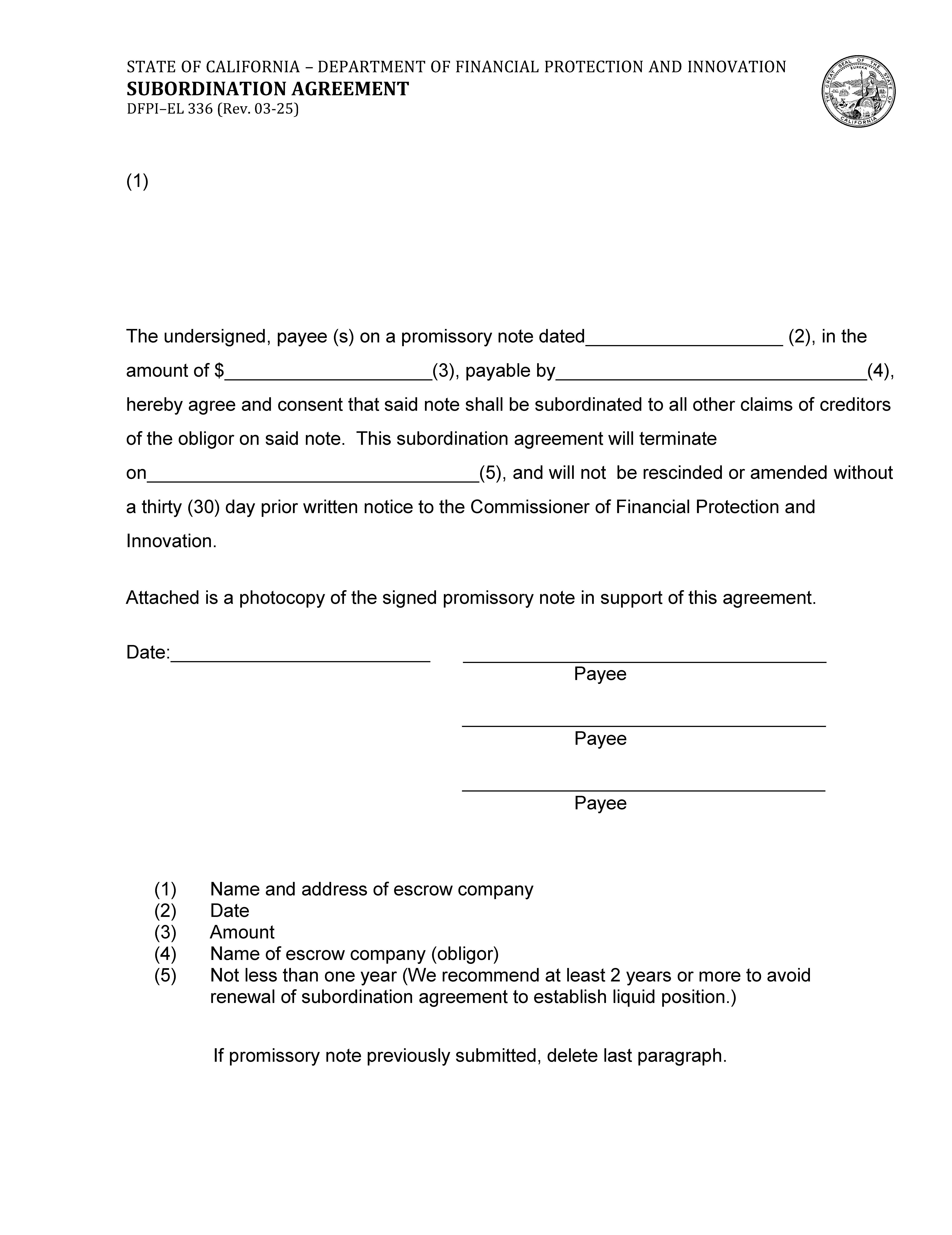 Subordination Agreement {DFPI-EL 336} | Pdf Fpdf Docx | California