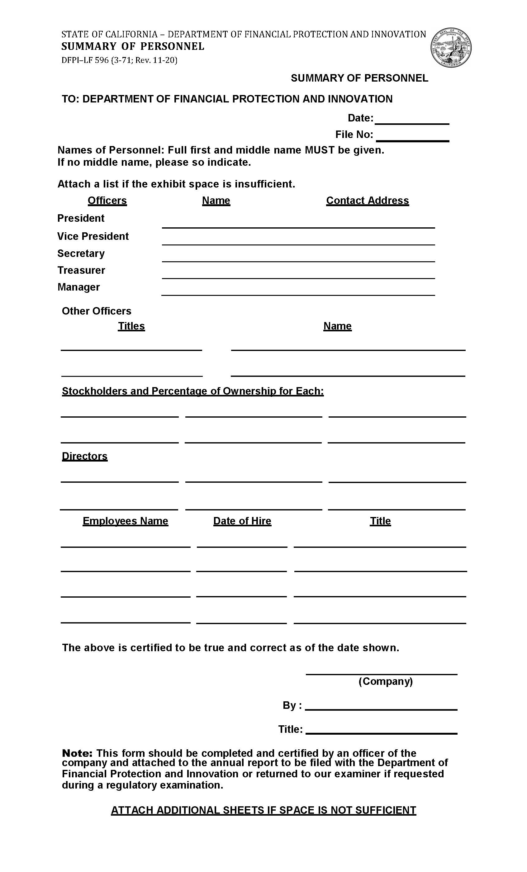 Summary Of Personnel {DFPI-LF 596} | Pdf Fpdf Docx | California