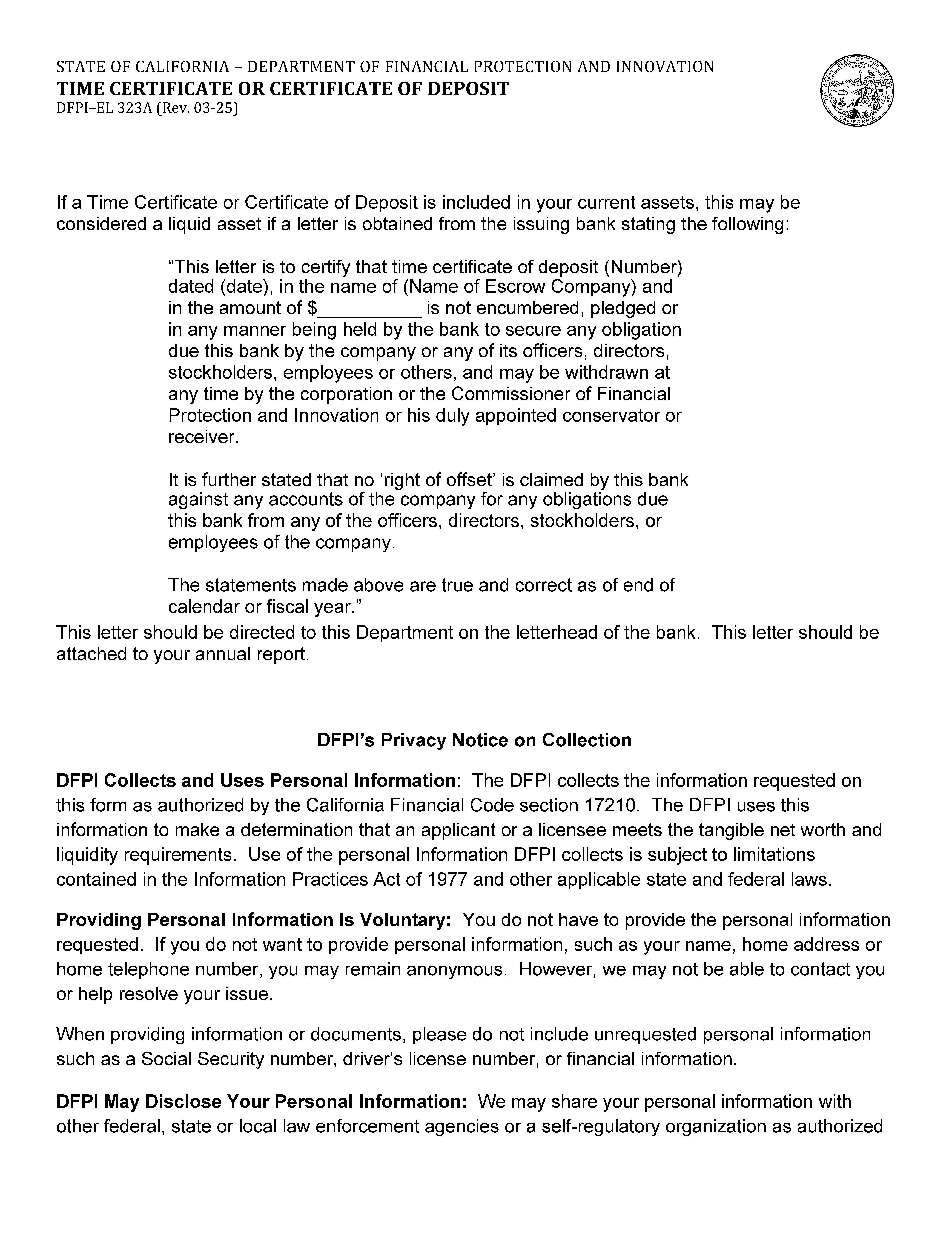 Time Certificate Or Certificate Of Deposit {DFPI-EL 323A} | Pdf Fpdf Docx | California