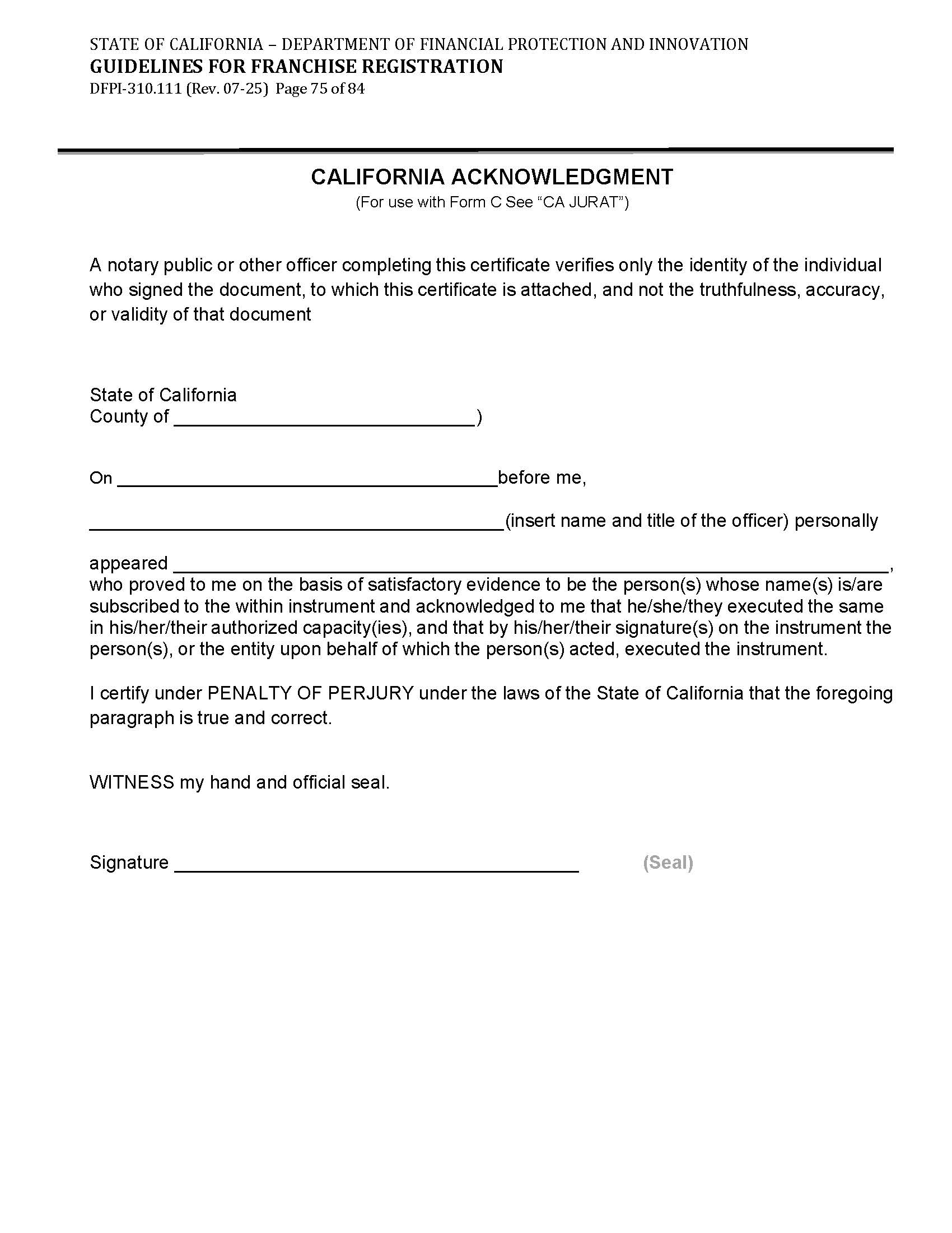 Acknowledgment (Franchise Registration (UFDD)) {DFPI-310.111} | Pdf Fpdf Doc Docx | California