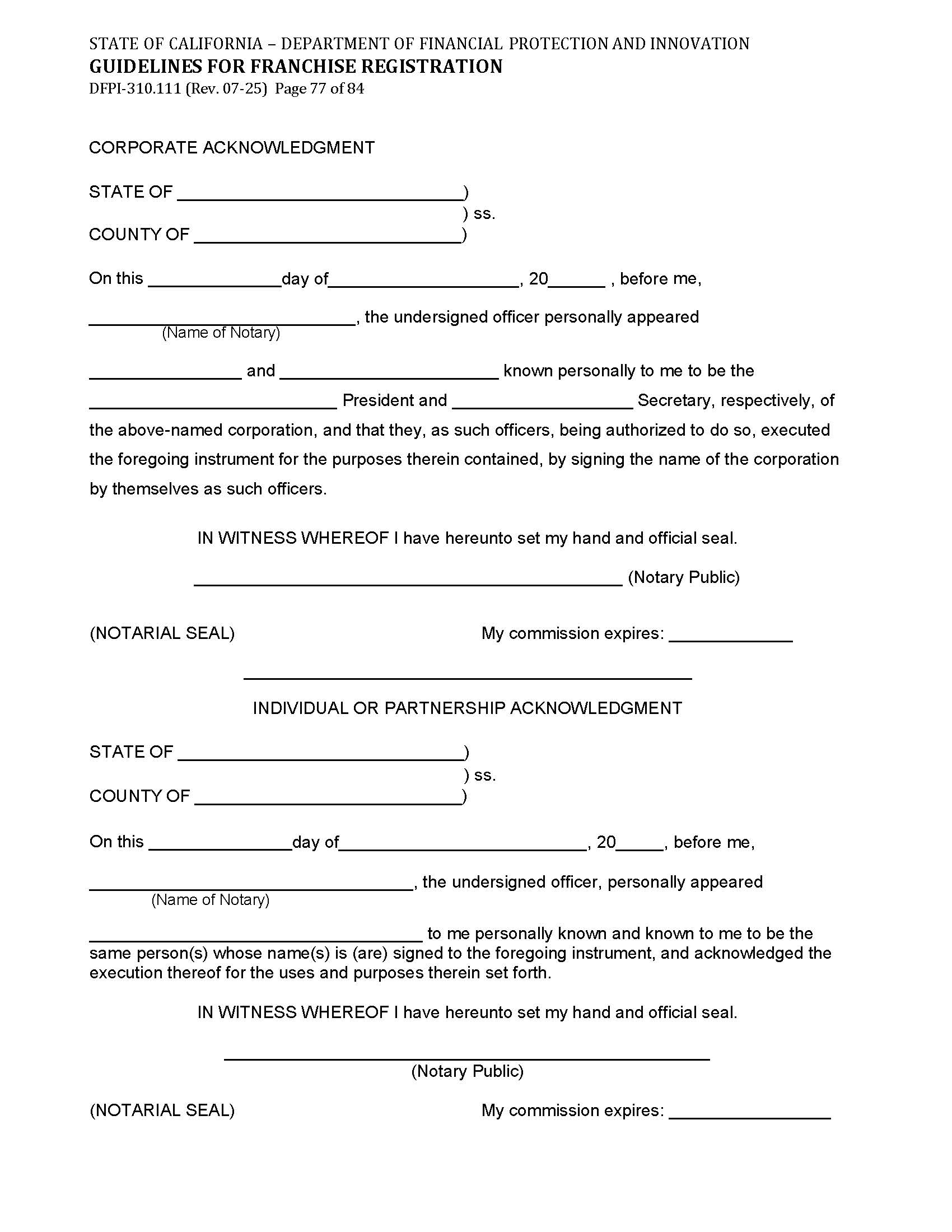 Corporate Acknowledgment (Franchise Registration (UFDD)) {DFPI-310.111} | Pdf Fpdf Doc Docx | California