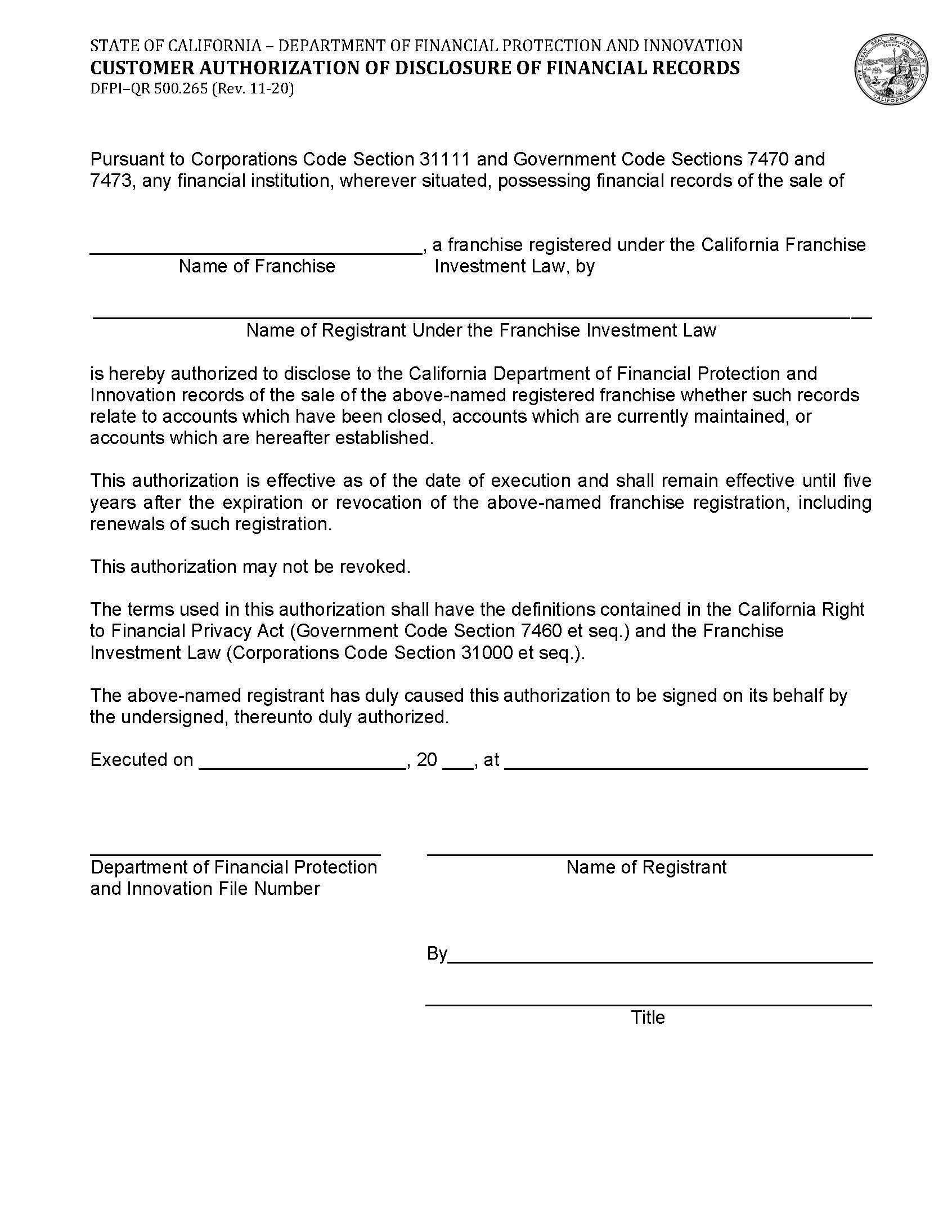 Customer Authorization Of Disclosure Of Financial Records {DFPI–QR 500.265} | Pdf Fpdf Docx | California