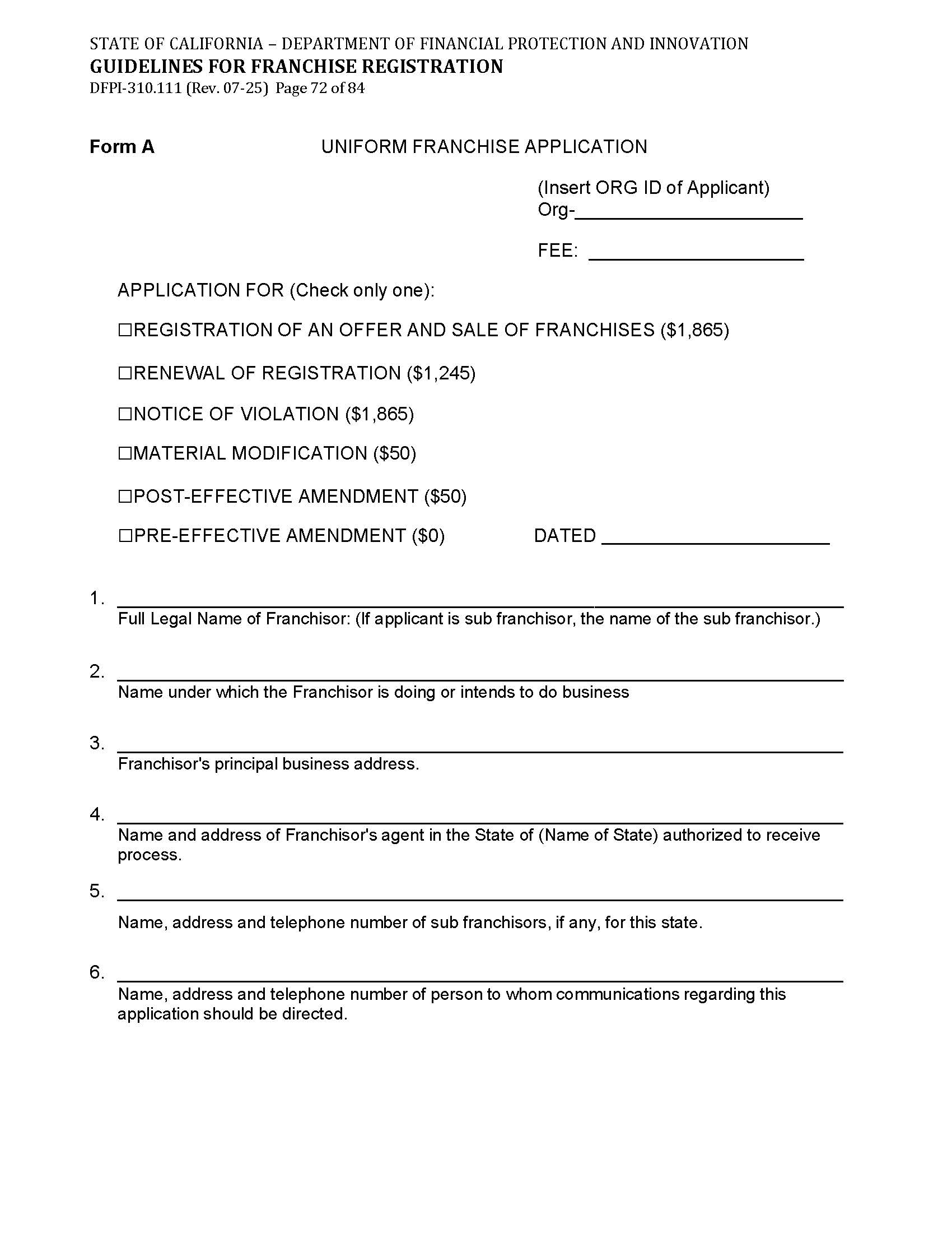 Form A Uniform Franchise Registration Application (UFDD) {DFPI-310.111} | Pdf Fpdf Doc Docx | California