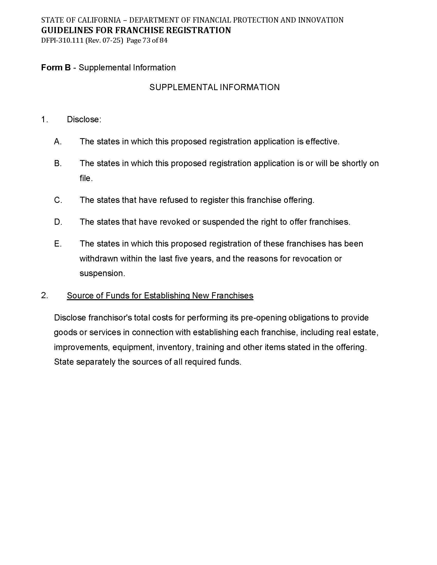 Form B Supplemental Information (Franchise Registration (UFDD)) {DFPI-310.111} | Pdf Fpdf Doc Docx | California