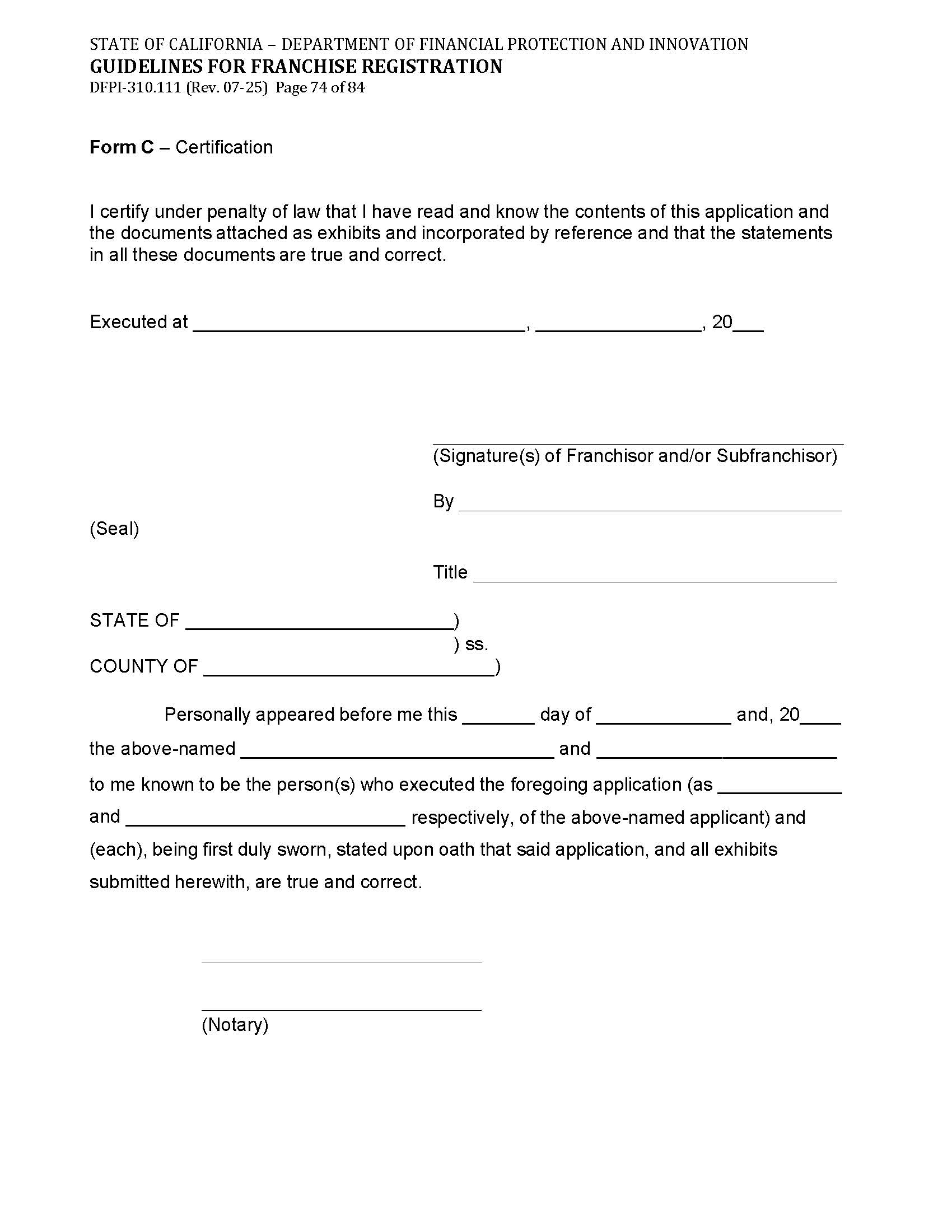 Form C Certification (Franchise Registration (UFDD)) {DFPI-310.111} | Pdf Fpdf Doc Docx | California