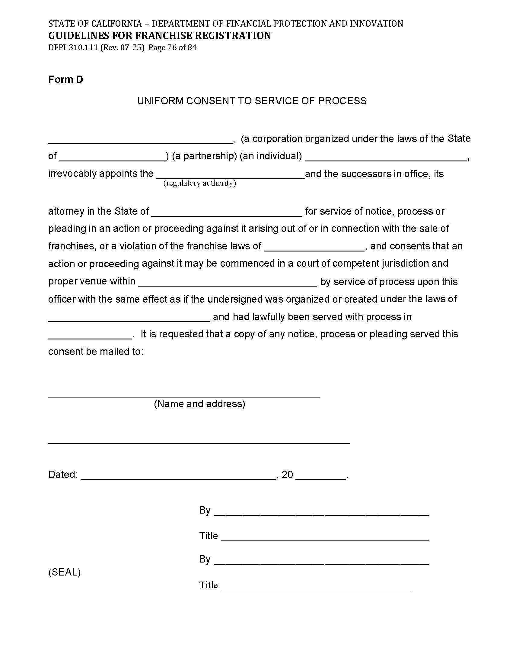 Form D Uniform Consent To Service Of Process (Franchise Registration (UFDD)) {DFPI-310.111} | Pdf Fpdf Doc Docx | California