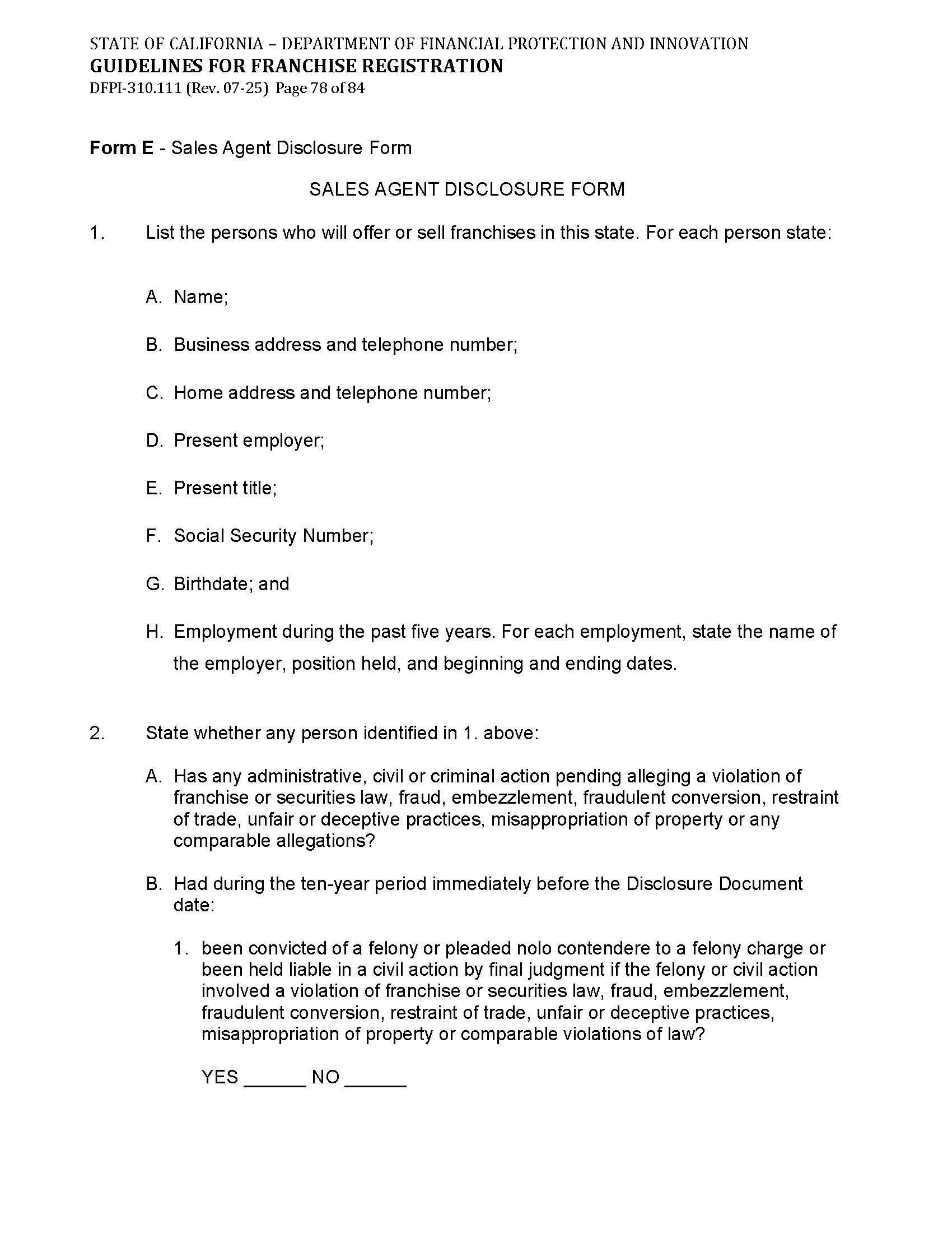 Form E Sales Agent Disclosure Form (Franchise Registration (UFDD)) {DFPI-310.111} | Pdf Fpdf Doc Docx | California