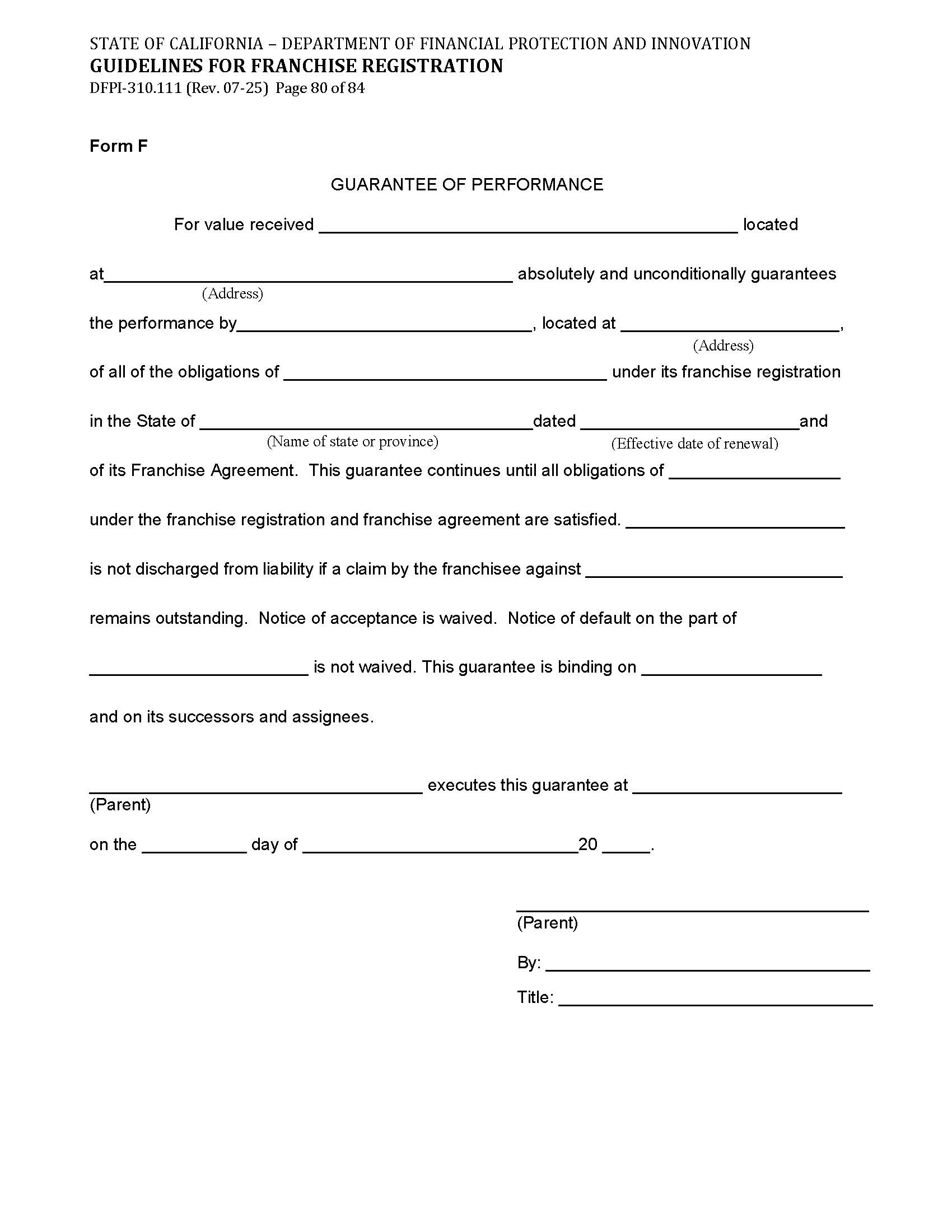 Form F Guarantee Of Performance (Franchise Registration (UFDD)) {DFPI-310.111} | Pdf Fpdf Doc Docx | California