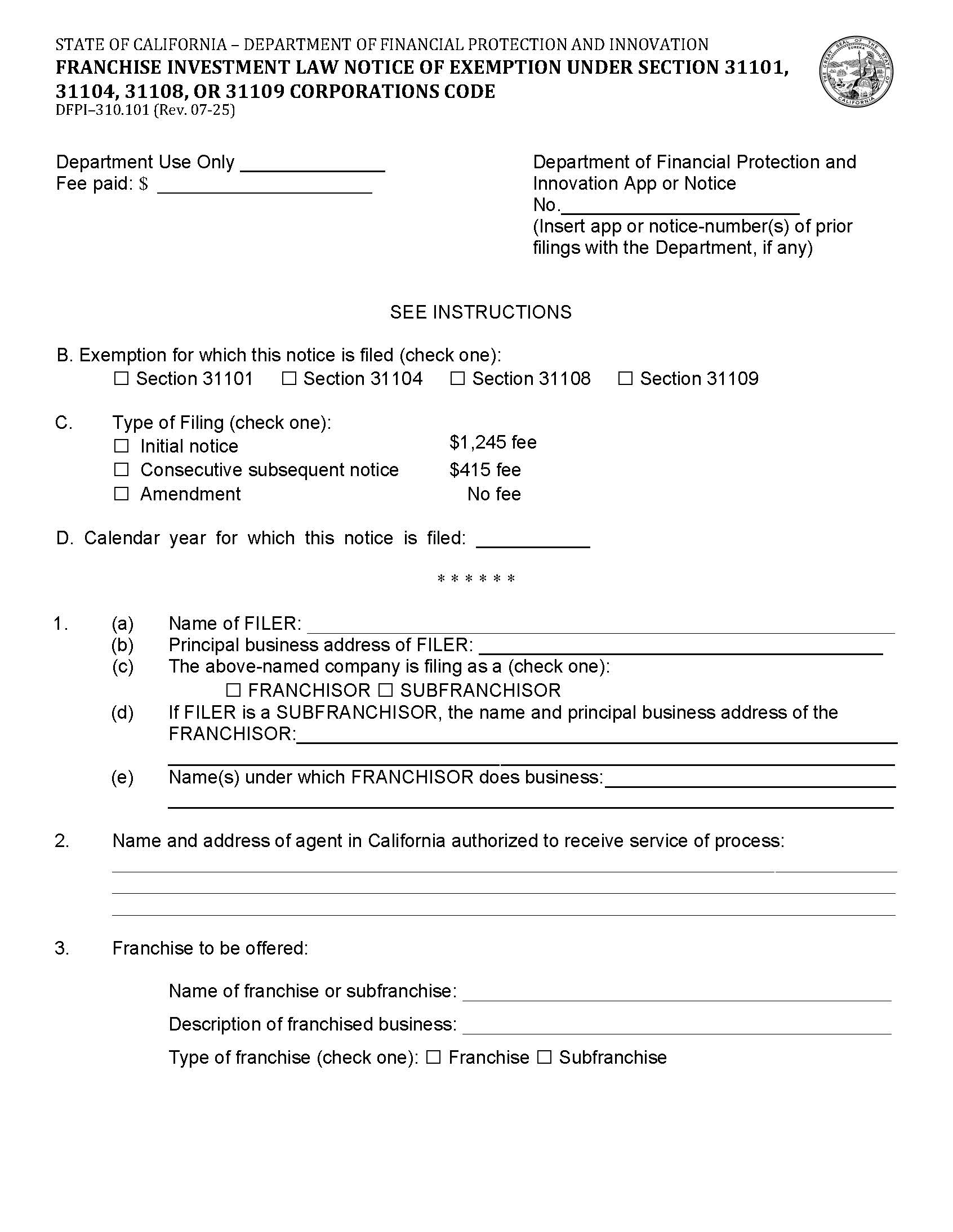 Franchise Investment Law-Notice Of Exemption Under Corporations Code Sections 31101 {DFPI-310.101} | Pdf Fpdf Doc Docx | California