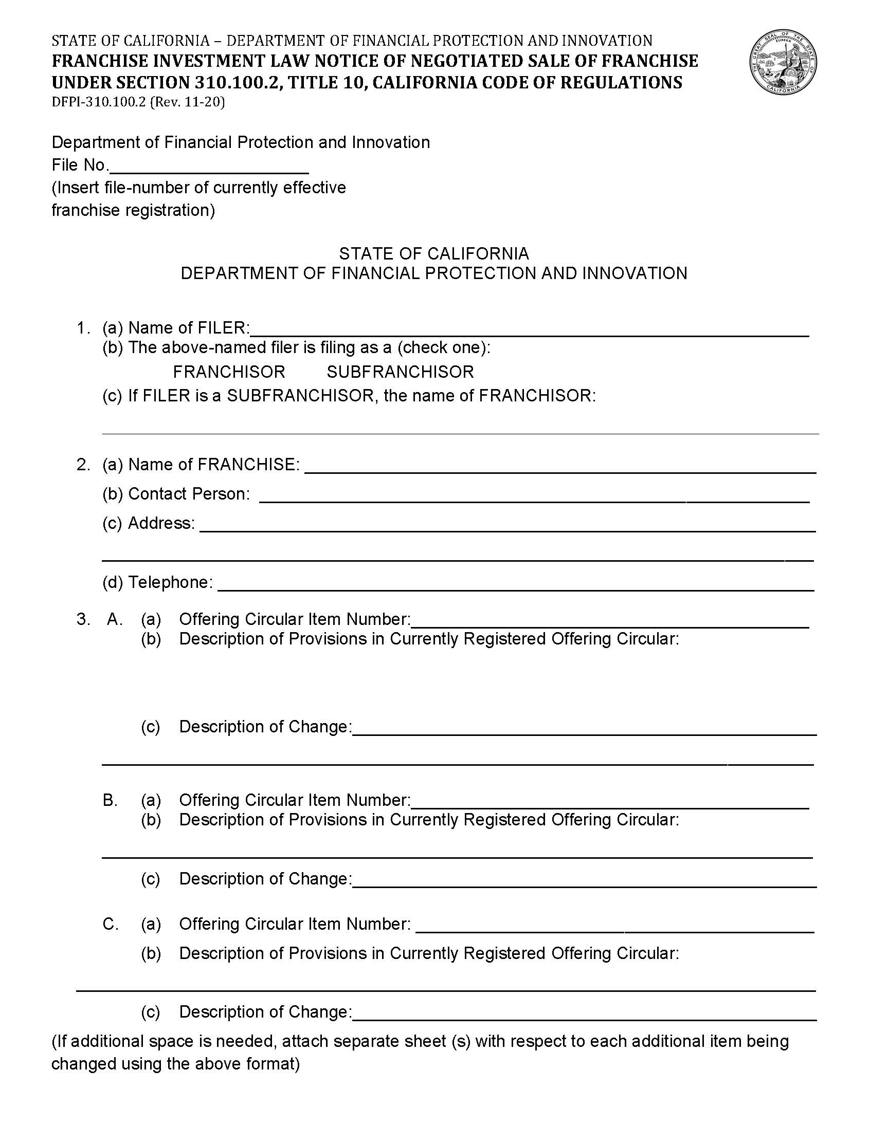 Franchise Investment Law-Notice Of Negotiated Sale Of Franchise Under Section 310.100.2 {DFPI-310.100.2} | Pdf Fpdf Docx | California