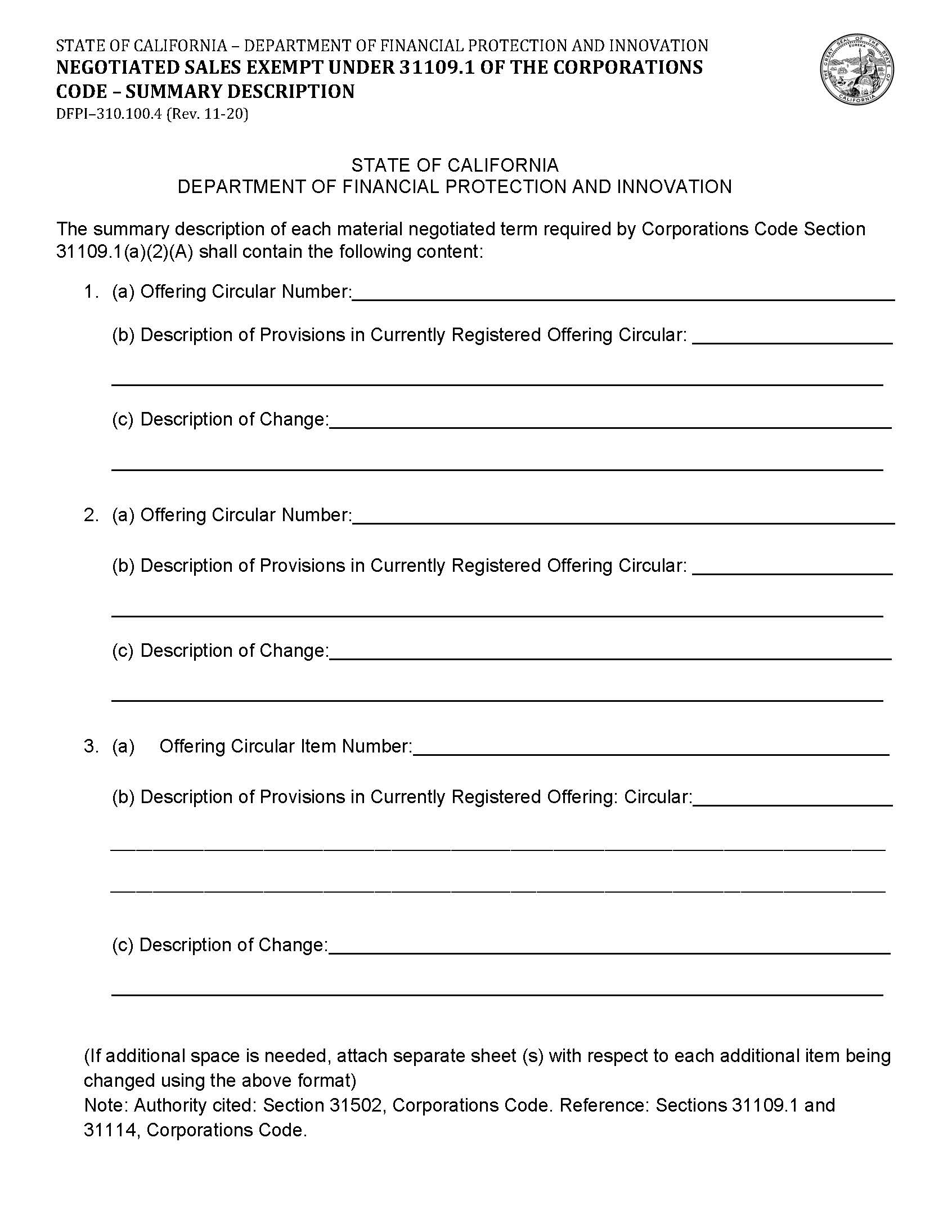 Negotiated Sales Exempt Under 31109.1 Of The Corporations Code-Summary Description {DFPI-310.100.4} | Pdf Fpdf Docx | California