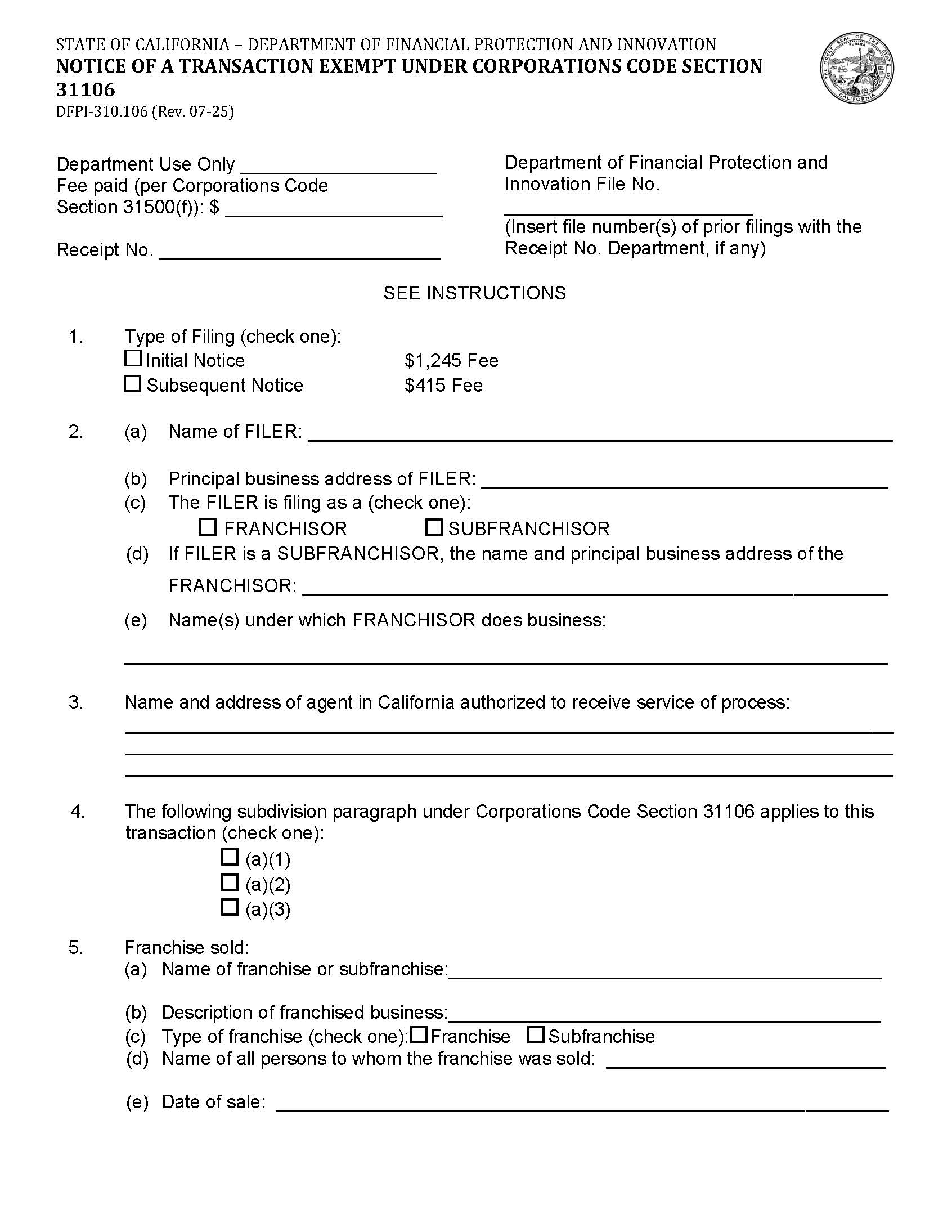 Notice Of A Transaction Exempt Under Corporations Code Section 31106 {DFPI-310.106} | Pdf Fpdf Docx | California