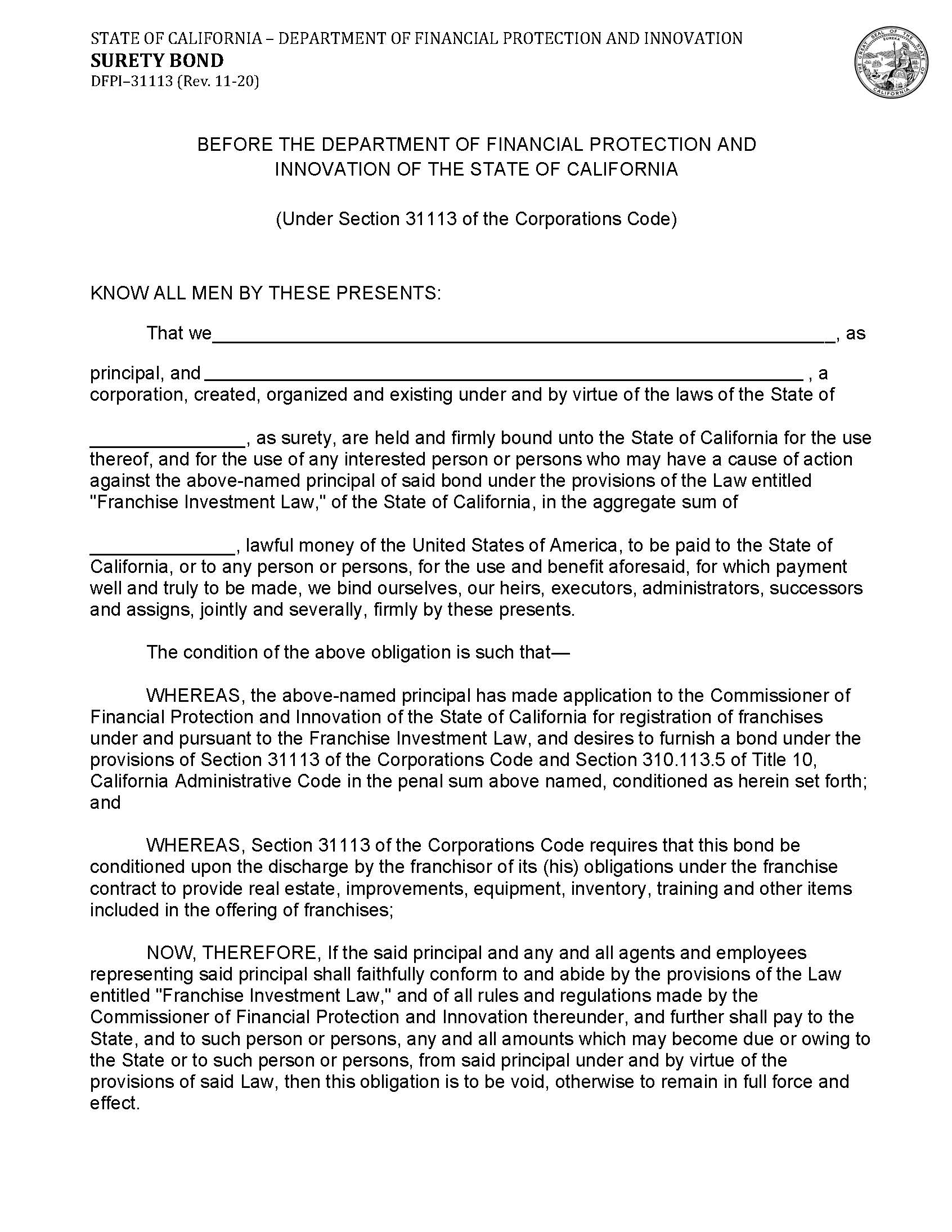 Surety Bond {DFPI-31113} | Pdf Fpdf Doc Docx | California