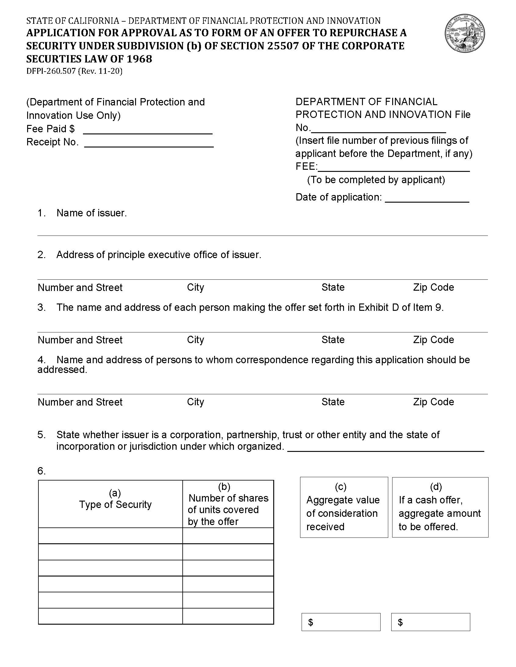 Application For Approval As To Form Of An Offer To Repurchase A Security {DFPI-260.507} | Pdf Fpdf Docx | California