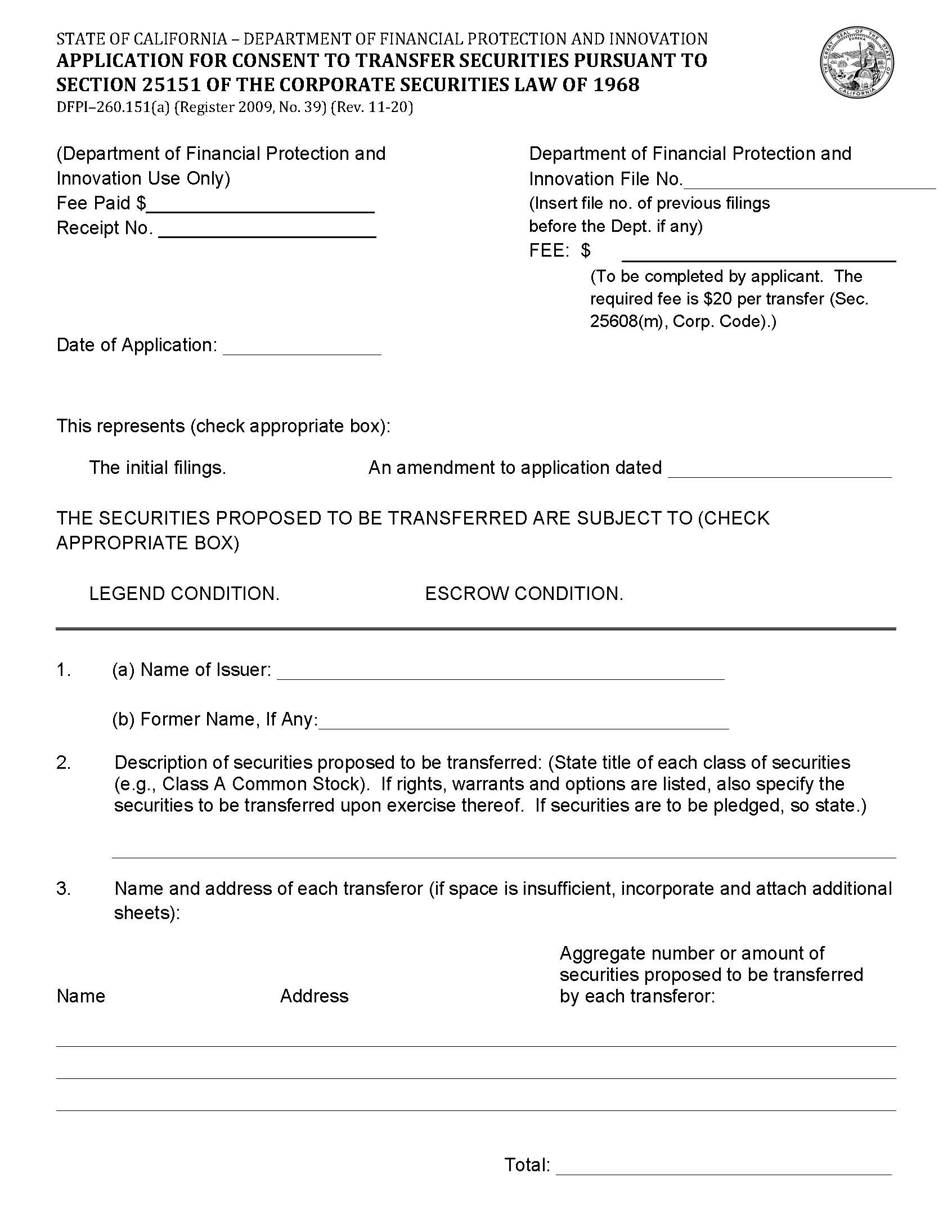 Application For Consent To Transfer Securities {DFPI-260.151(a)} | Pdf Fpdf Docx | California