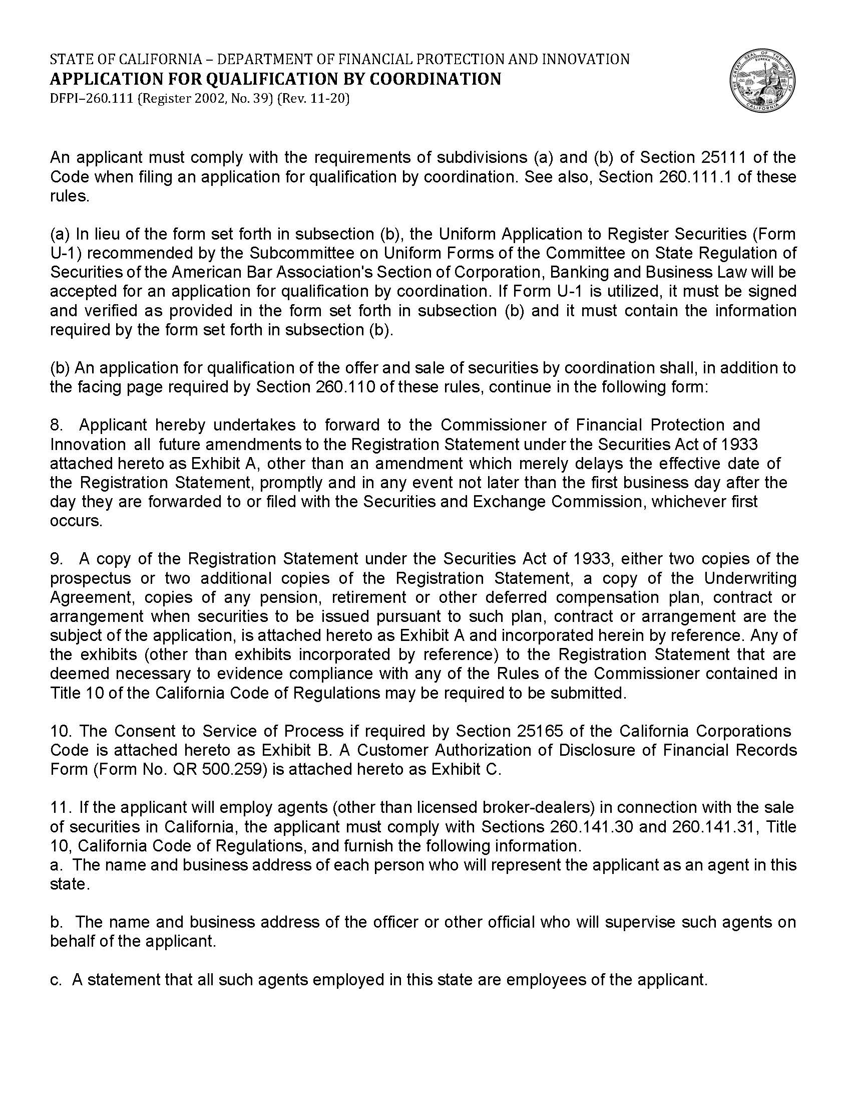 Application For Qualification By Coordination {DFPI-260.111} | Pdf Fpdf Docx | California