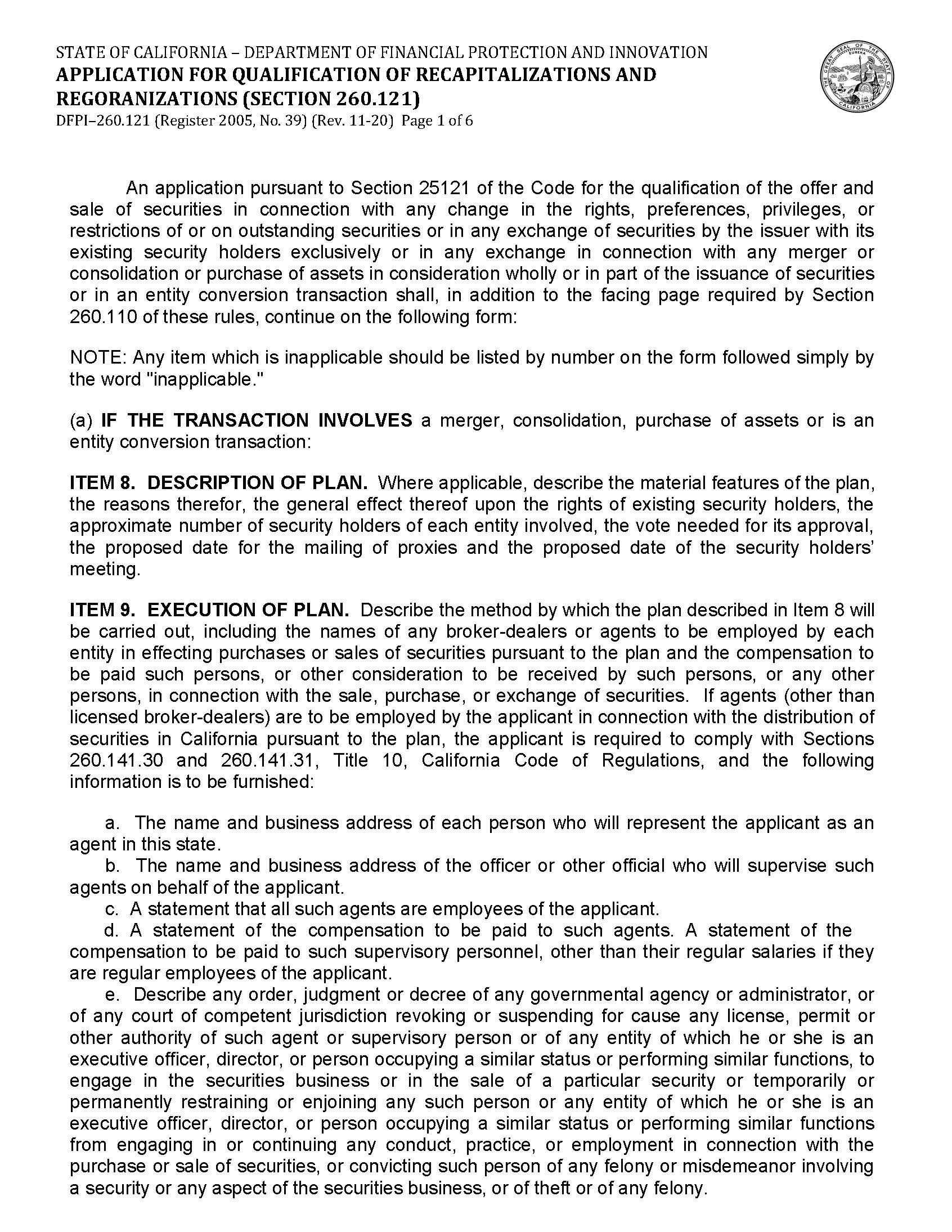 Application For Qualification Of Recapitalizations And Reorganizations {DFPI-260.121} | Pdf Fpdf Docx | California