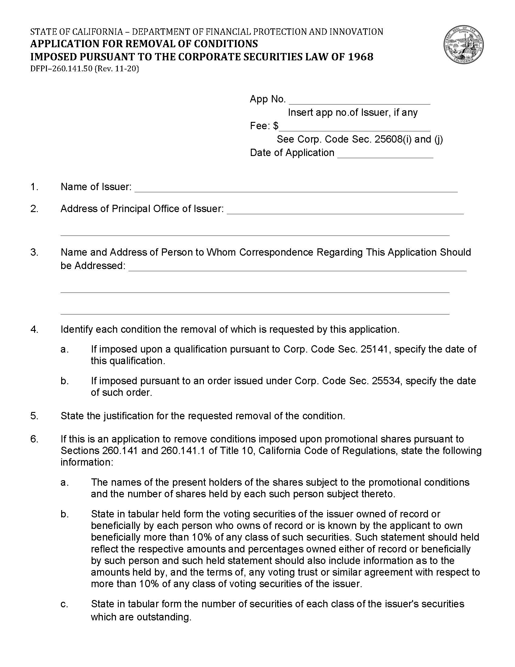 Application For Removal Of Condition {DFPI-260.141.50} | Pdf Fpdf Docx | California