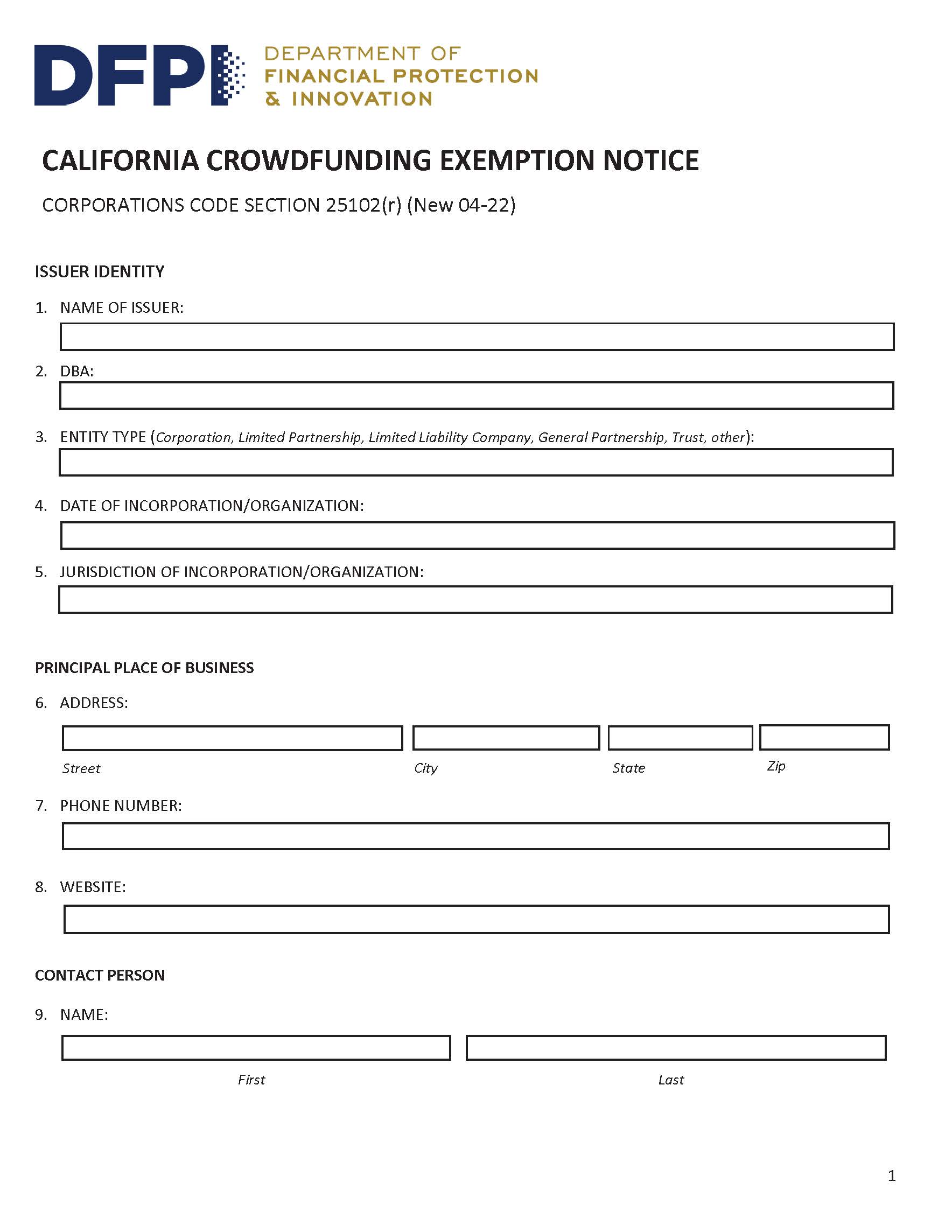 California Crowdfunding Exemption Notice {DFPI-25102(r)} | Pdf Fpdf Docx | California