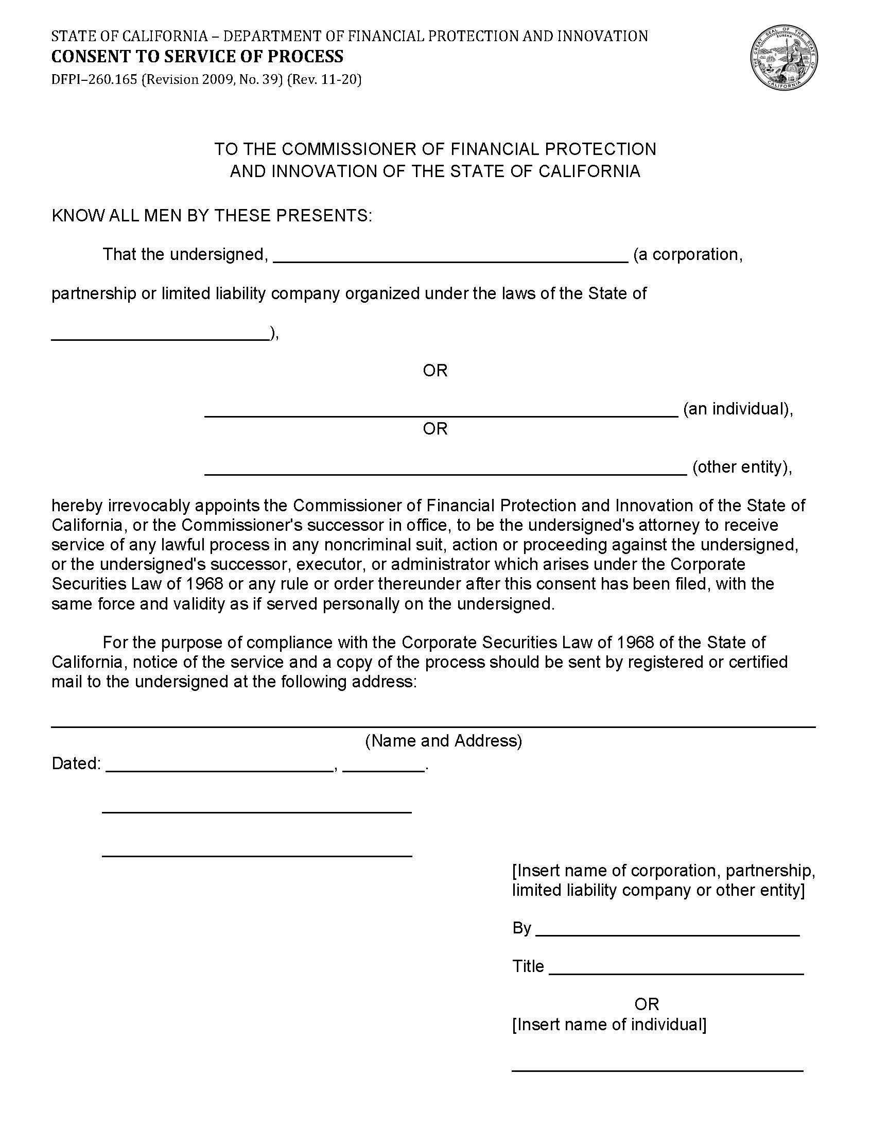 Consent To Service Of Process {DFPI-260.165} | Pdf Fpdf Docx | California