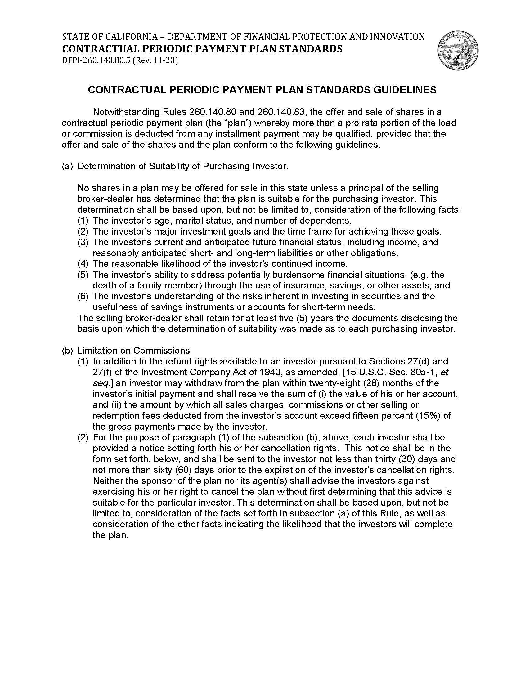 Contractual Periodic Payment Plan Standards Guidelines {DFPI-260.140.80.5} | Pdf Fpdf Docx | California