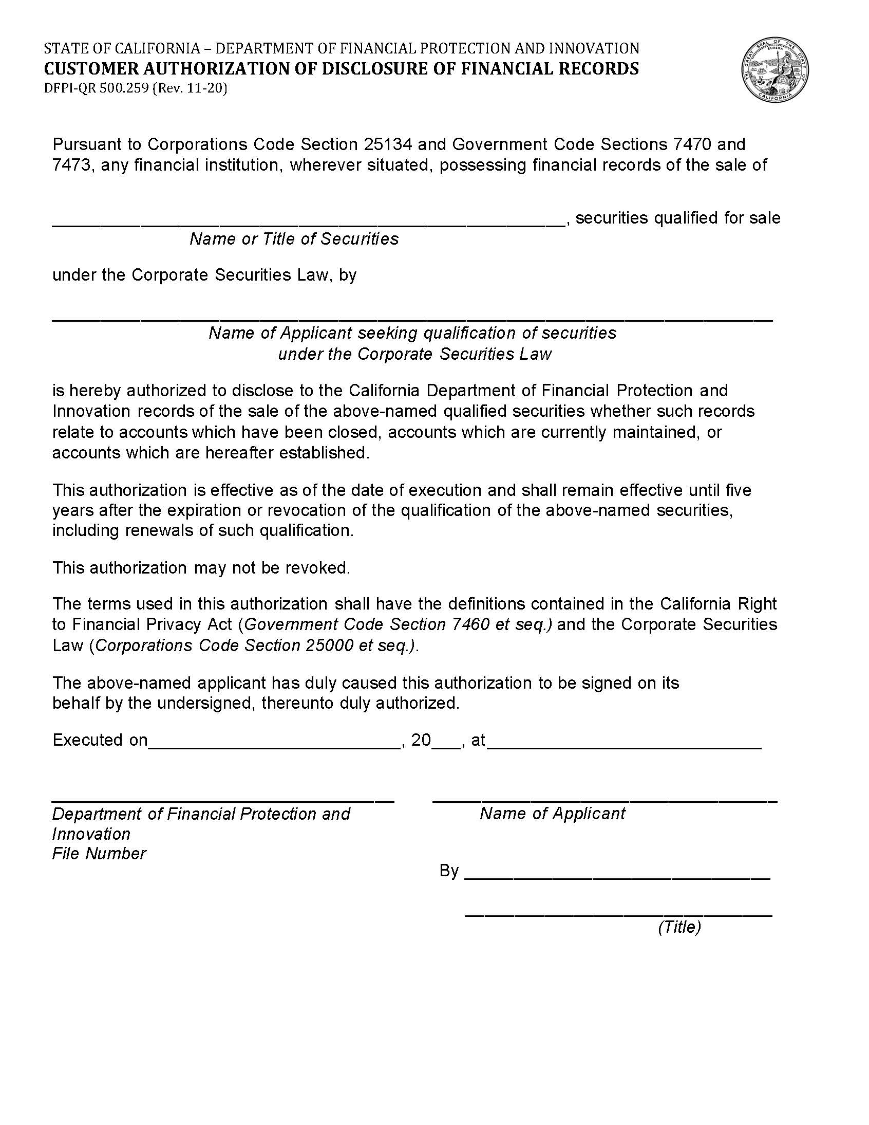 Customer Authorization Of Disclosure Of Financial Records {DFPI-QR 500.259} | Pdf Fpdf Docx | California