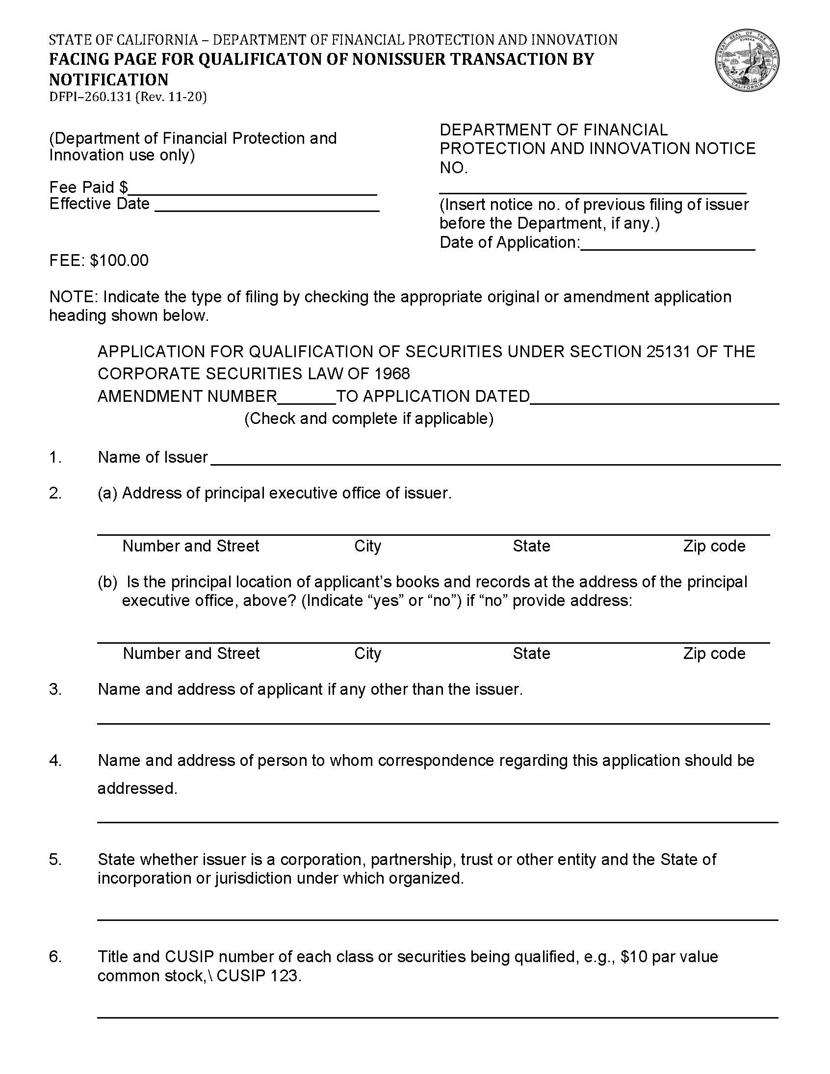 Facing Page For Qualification Of Nonissuer Transaction By Notification {DFPI-260.131} | Pdf Fpdf Docx | California