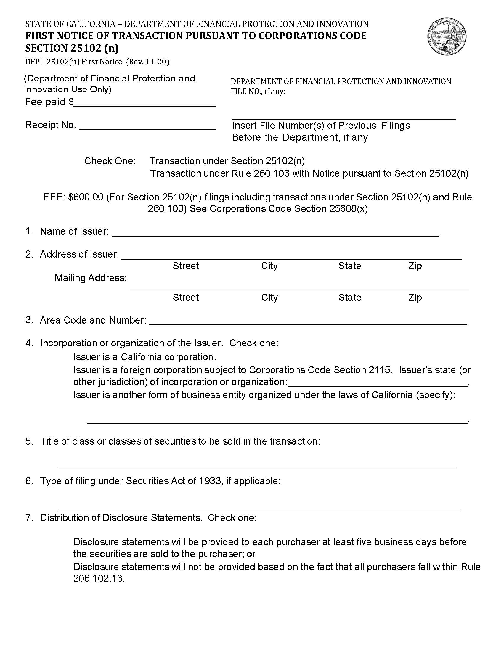 First Notice Of Transaction Pursuant To Corporations Code Section 25102(n) {DFPI-25102(n)} | Pdf Fpdf Doc Docx | California