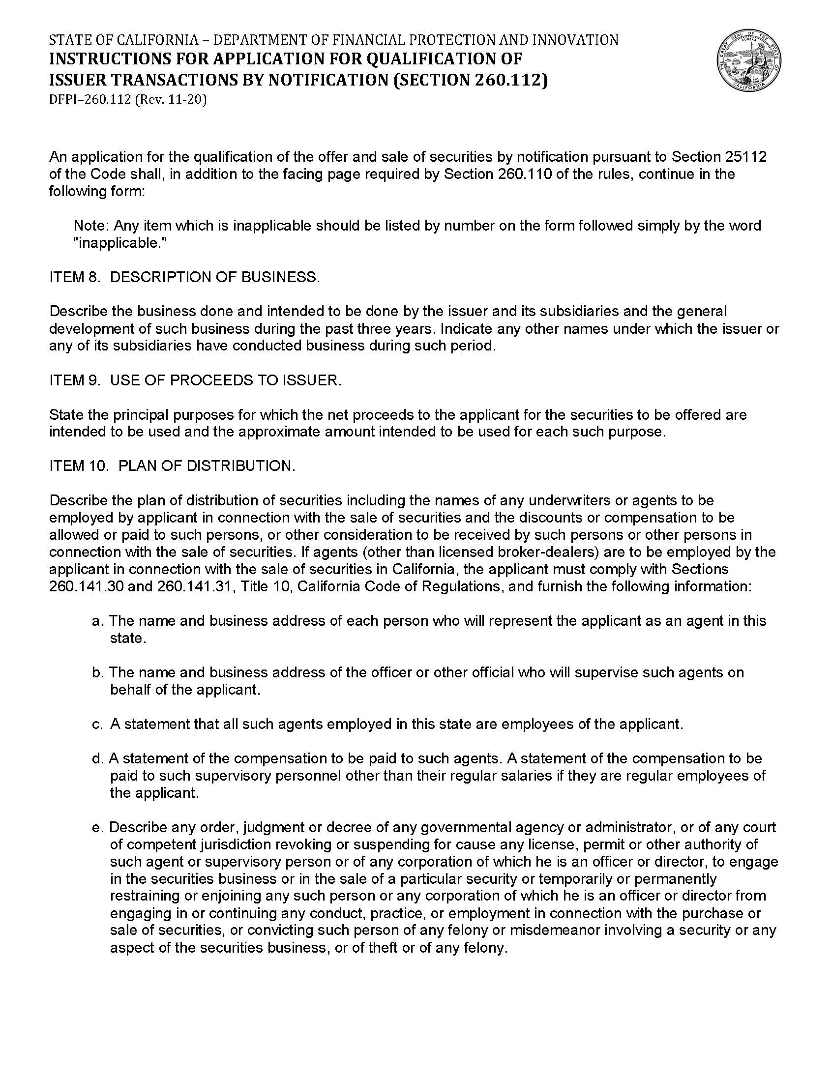 Instructions for Application for Qualification of Issuer Transactions by Notification (Section 260.112) {DFPI-260.112} | Pdf Fpdf Docx | California