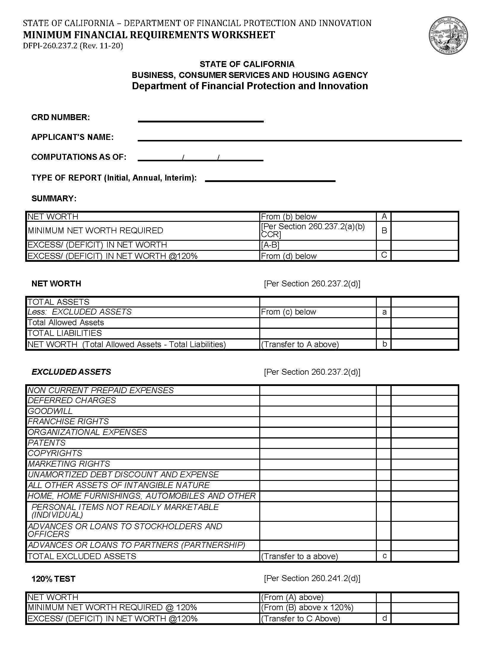 Minimum Financial Requirement Worksheet {DFPI-260.237.2} | Pdf Fpdf Docx | California