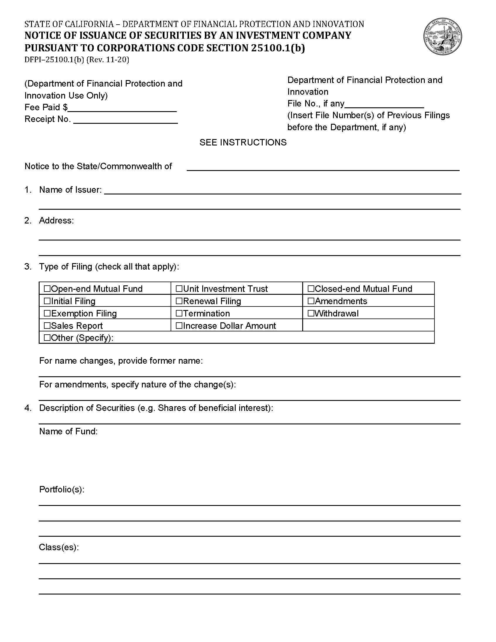 Notice Of Issuance Of Securities By An Investment Company {DFPI-25100.1(b)} | Pdf Fpdf Docx | California