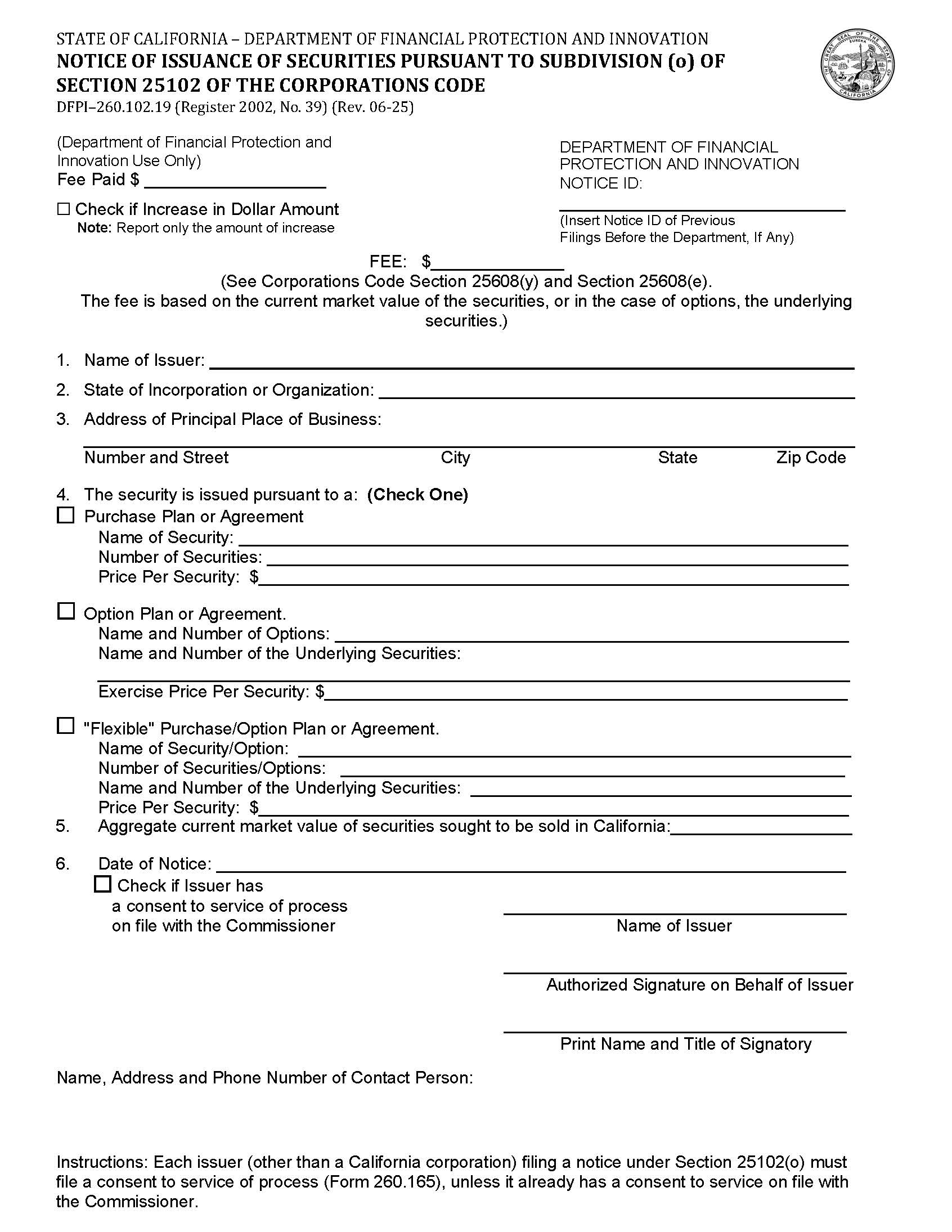 Notice Of Issuance Of Securities Pursuant To Subdivision (O) Of Section 25102 {DFPI-260.102.19} | Pdf Fpdf Docx | California
