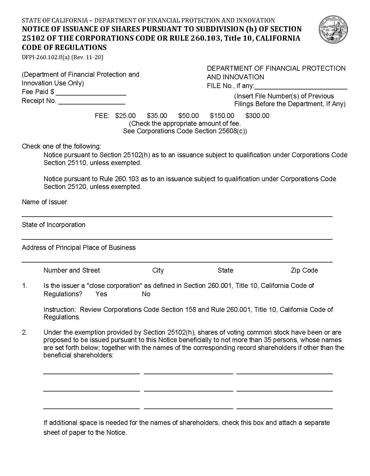 Notice Of Issuance Of Shares Pursuant To Subdivision (H) Of Section 25102 {DFPI-260.102.8(a)} | Pdf Fpdf Docx | California