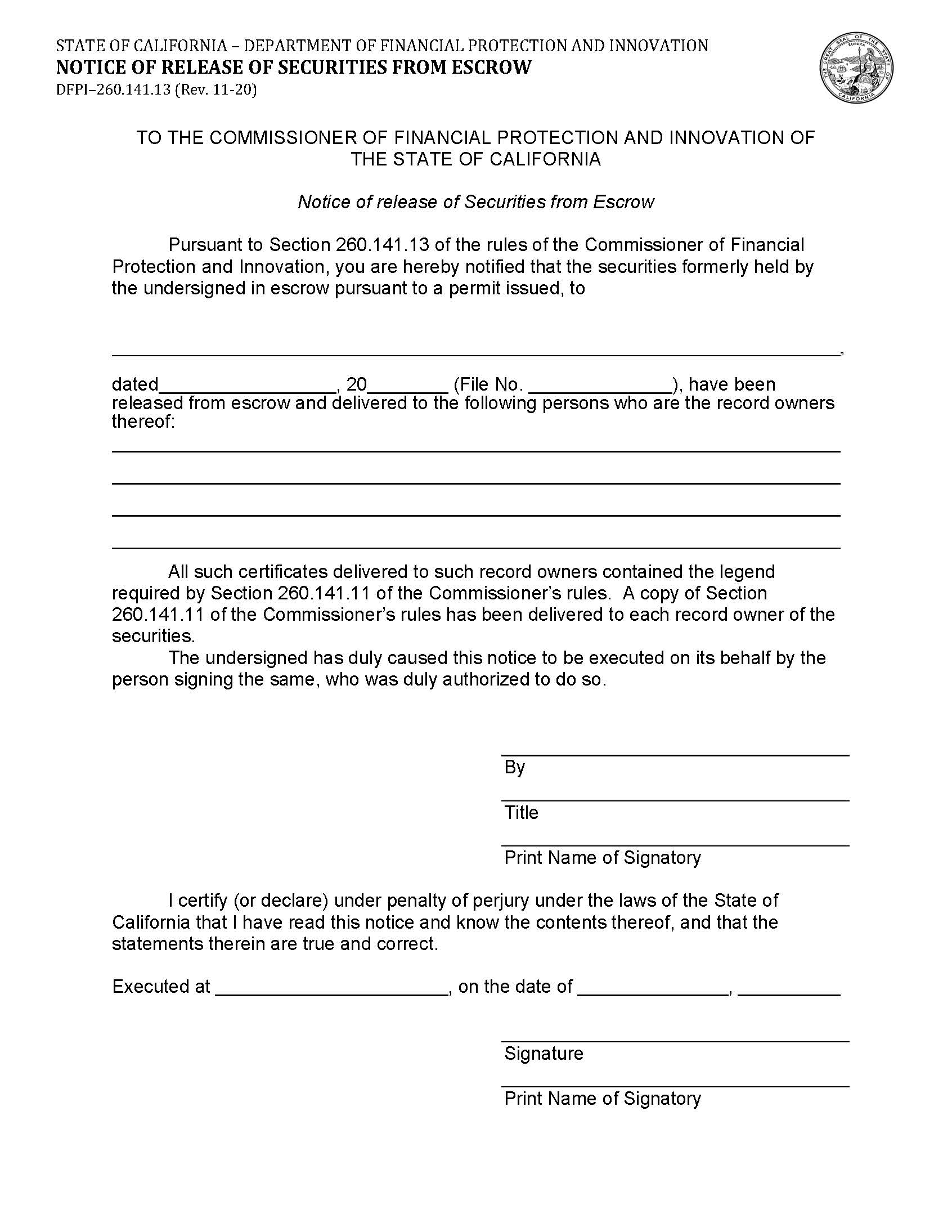 Notice Of Release Of Securities From Escrow {DFPI-260.141.13} | Pdf Fpdf Docx | California