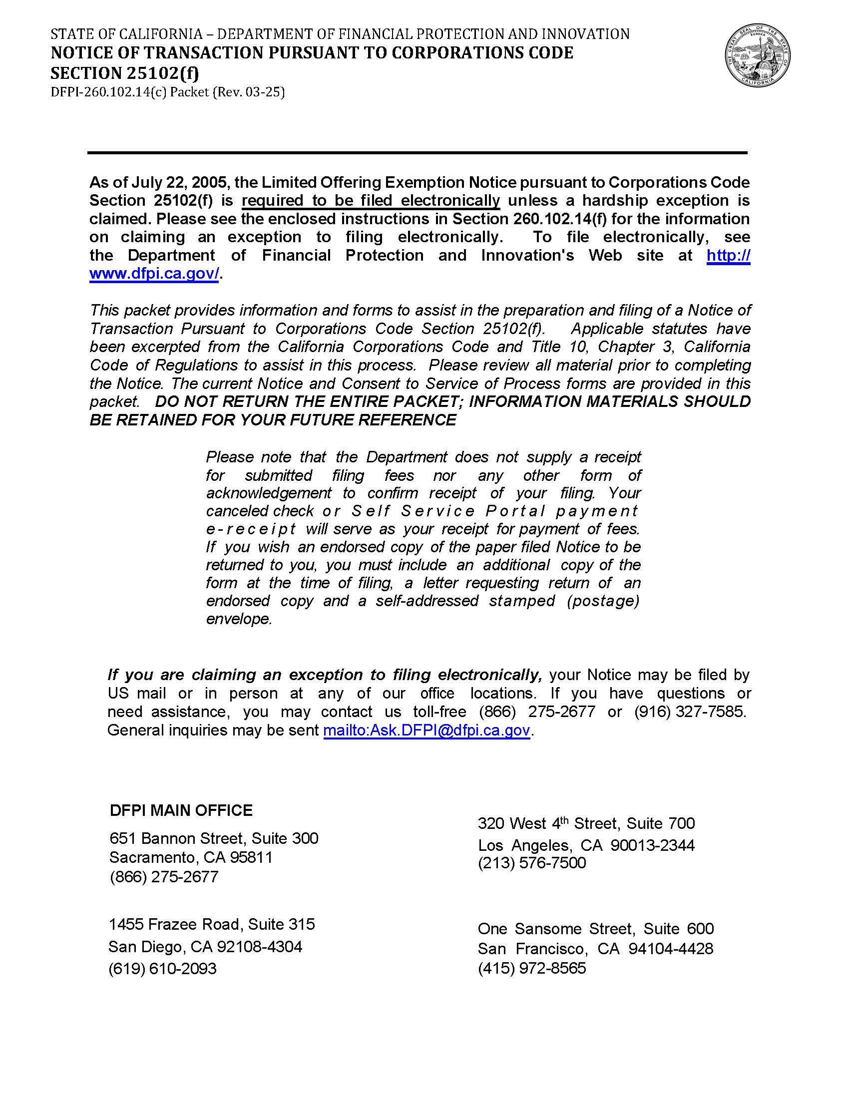 Notice Of Transaction Pursuant To Corporations Code Section 25102(f) {DFPI-260.102.14(c)} | Pdf Fpdf Docx | California