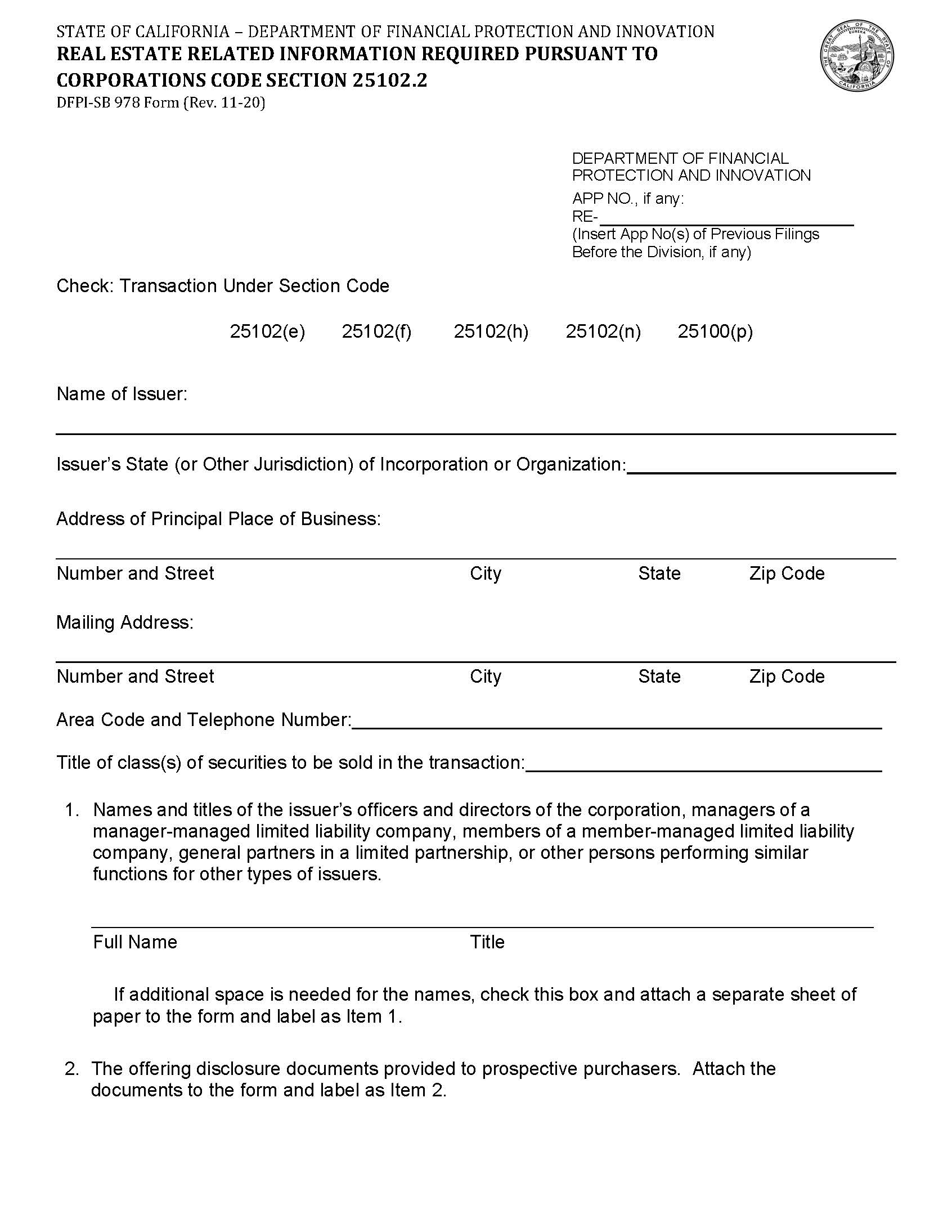 Real Estate Related Information Required Pursuant To Corporations Code Section 25102.2 {DFPI-SB 978} | Pdf Fpdf Docx | California
