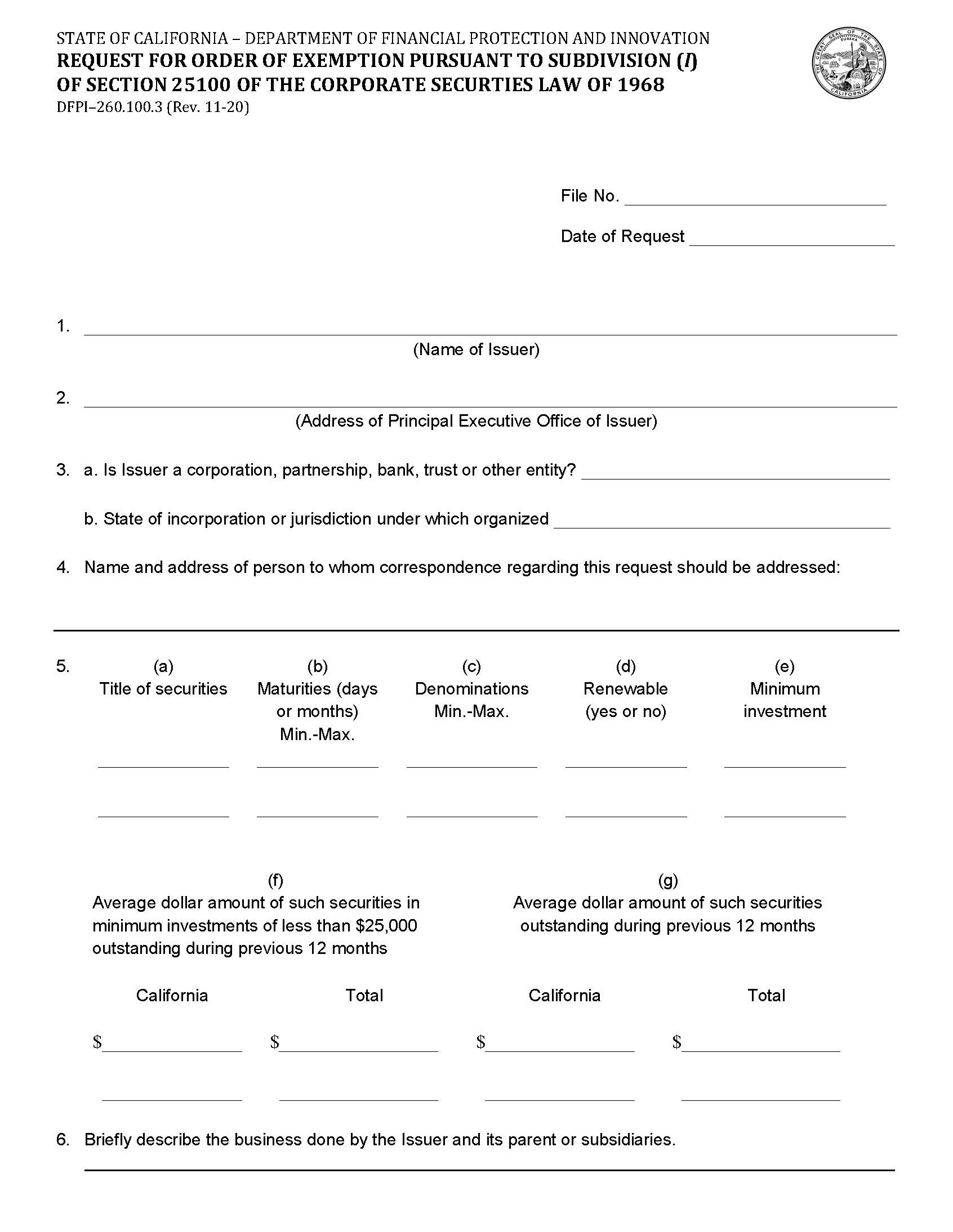 Request For Order Of Exemption Pursuant To Subdivision (l) Of Section 25100 {DFPI-260.100.3} | Pdf Fpdf Docx | California