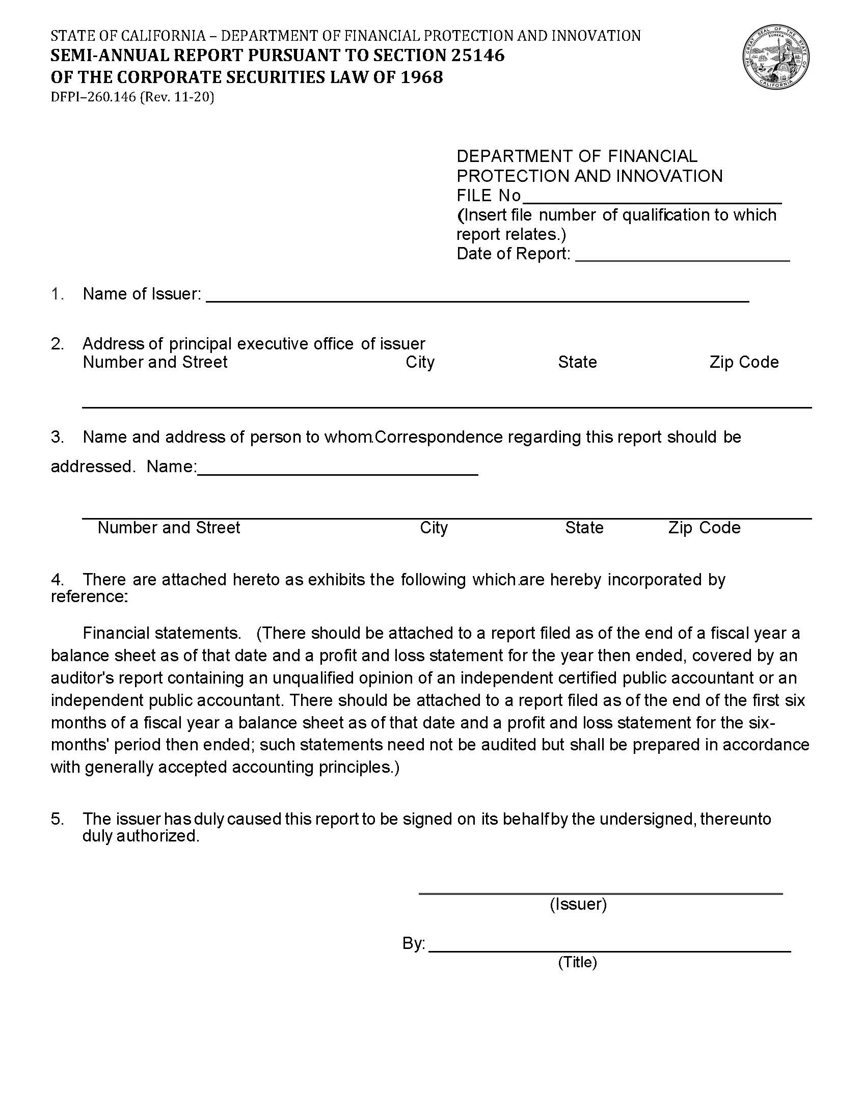 Semi-Annual Report Pursuant To Section 25146 {DFPI-260.146} | Pdf Fpdf Docx | California
